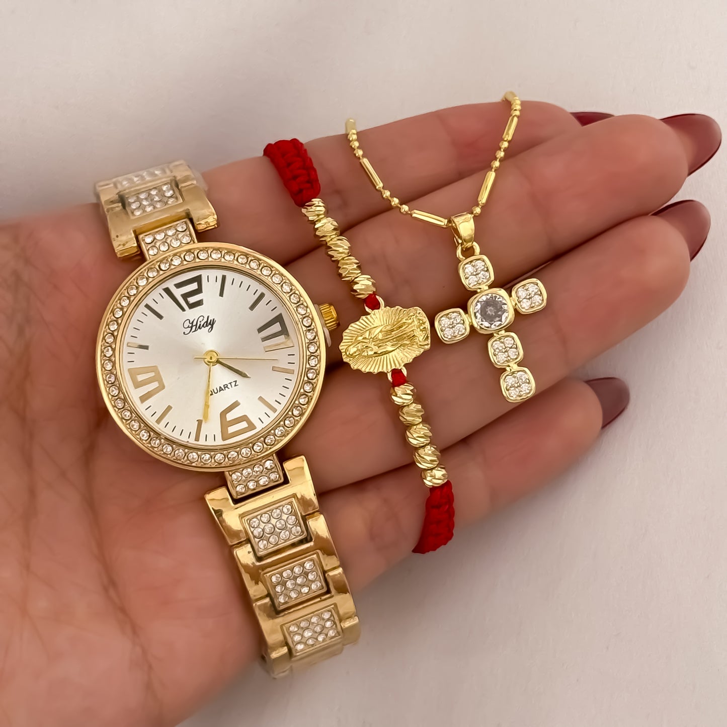 Cadena Tejido Militar de Dama de 45cm + Cruz Cristo Con Micro Circones Cristales + Pulsera Guadalupe Tallada en Balin italiano de 4mm + Reloj de Dama Tipo Catier con Micro Circones en Oro Laminado 18k con Garantía de por vida