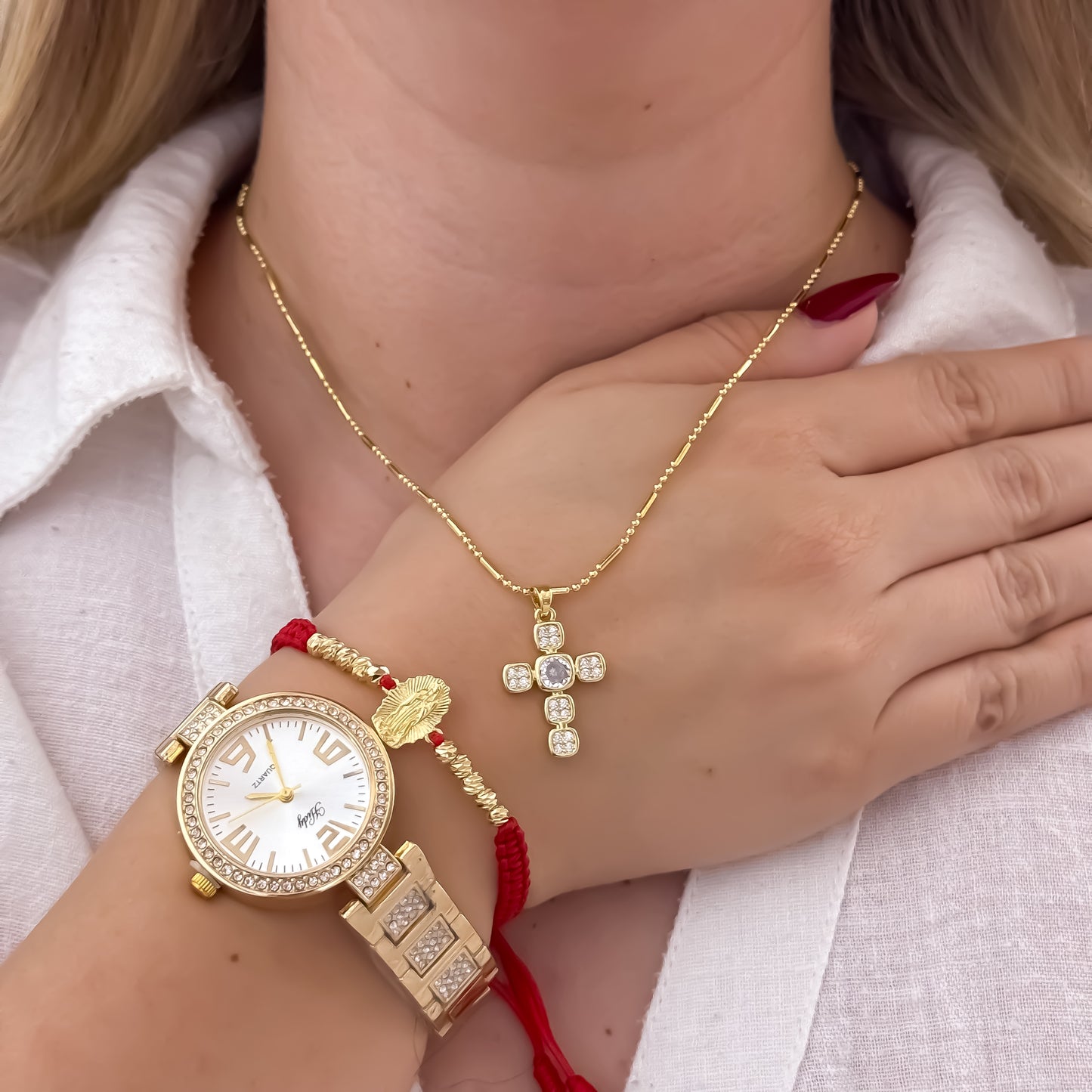 Cadena Tejido Militar de Dama de 45cm + Cruz Cristo Con Micro Circones Cristales + Pulsera Guadalupe Tallada en Balin italiano de 4mm + Reloj de Dama Tipo Catier con Micro Circones en Oro Laminado 18k con Garantía de por vida