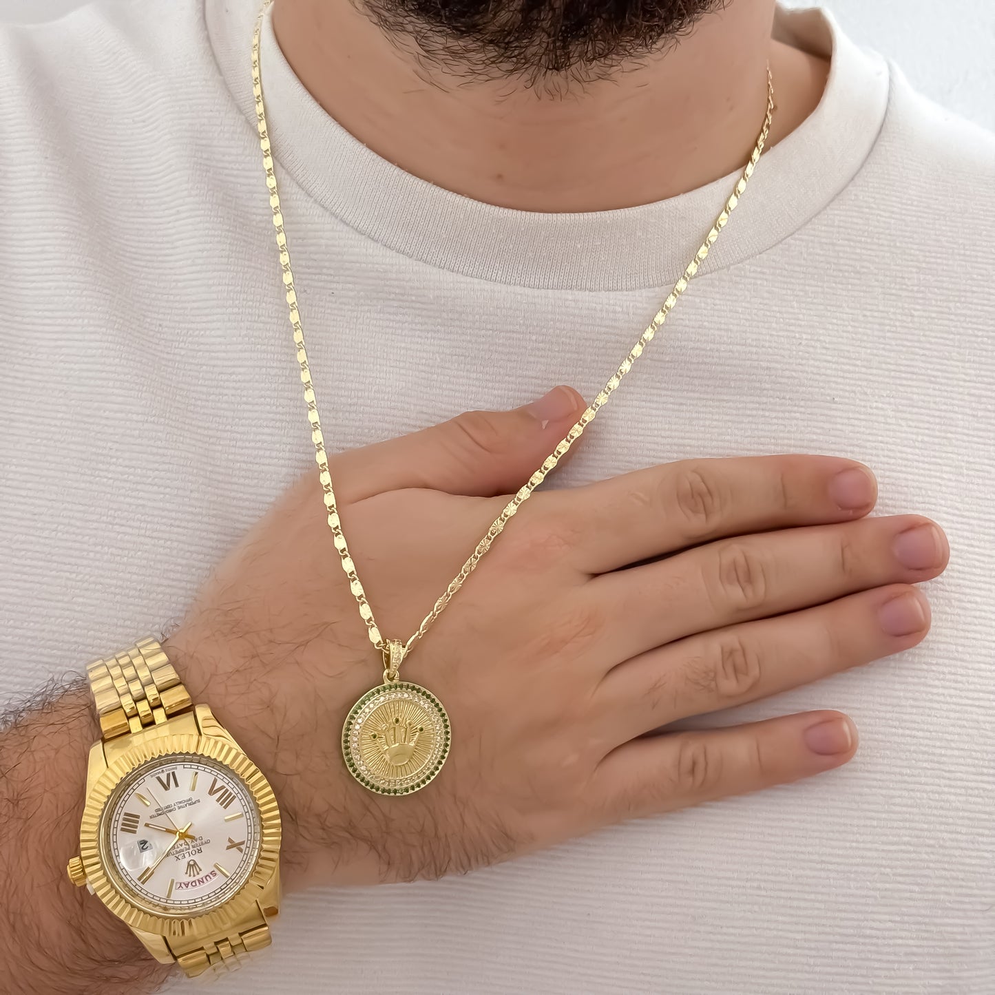 Cadena Tejido Escalera Plana con Destello de 60cm de 3mm de Grosor + Corona Rolex verde Esmeralda + Reloj de Hombre Rolex de Alta Calidad en Oro Laminado 18k