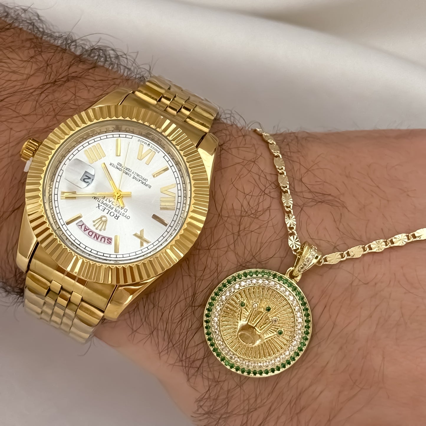 Cadena Tejido Escalera Plana con Destello de 60cm de 3mm de Grosor + Corona Rolex verde Esmeralda + Reloj de Hombre Rolex de Alta Calidad en Oro Laminado 18k