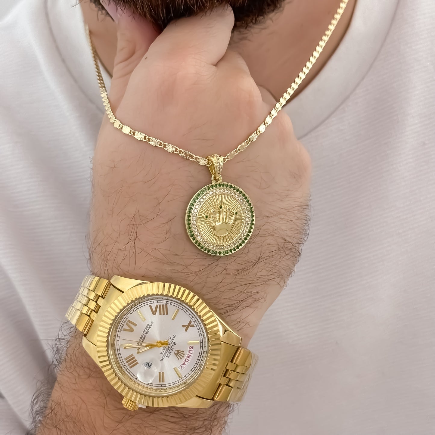 Cadena Tejido Escalera Plana con Destello de 60cm de 3mm de Grosor + Corona Rolex verde Esmeralda + Reloj de Hombre Rolex de Alta Calidad en Oro Laminado 18k