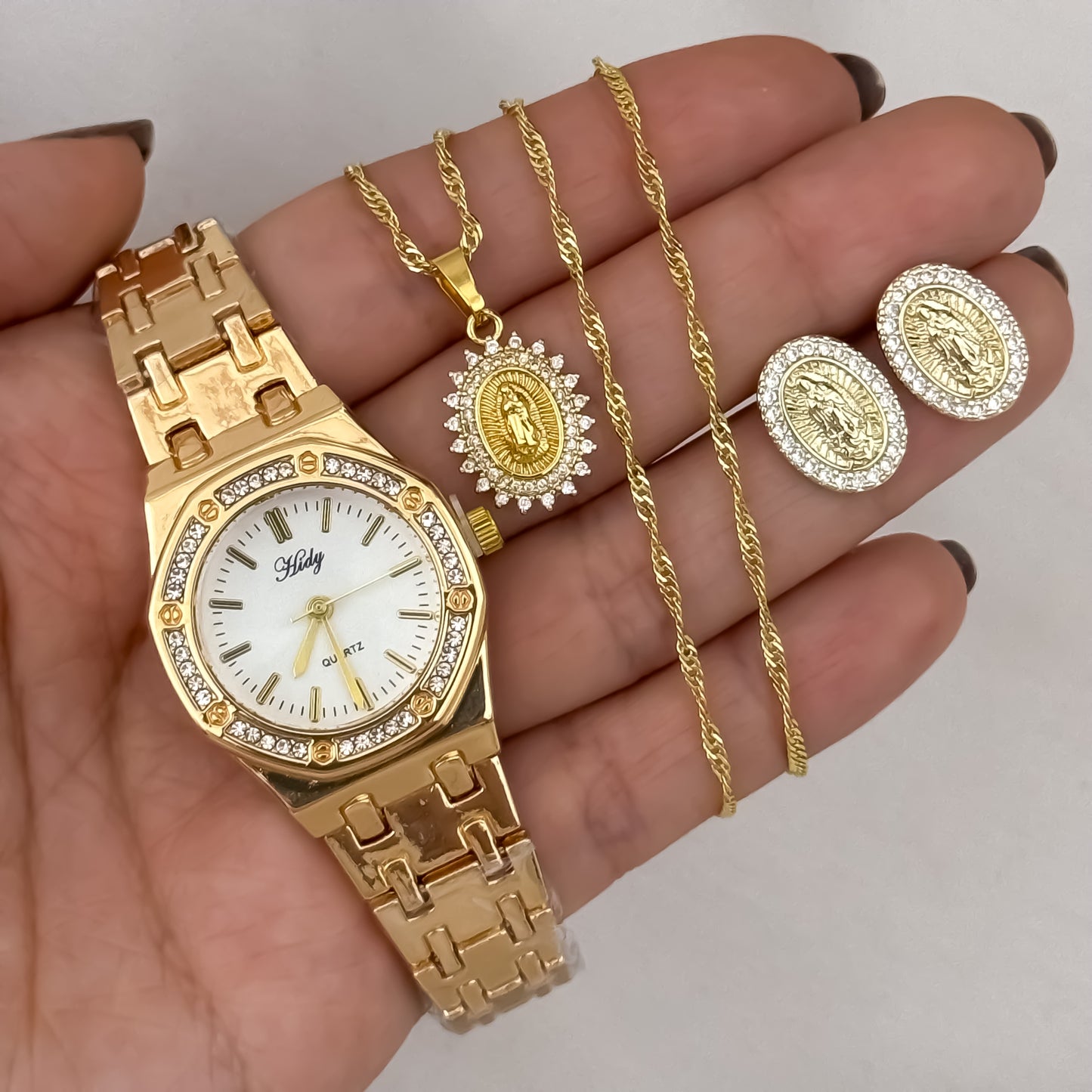 Cadena Singapur de Dama de 45cm + Virgen de Guadalupe Tallada + Topos de Virgen de Guadalupe con circones + Reloj de Dama de Hilfet