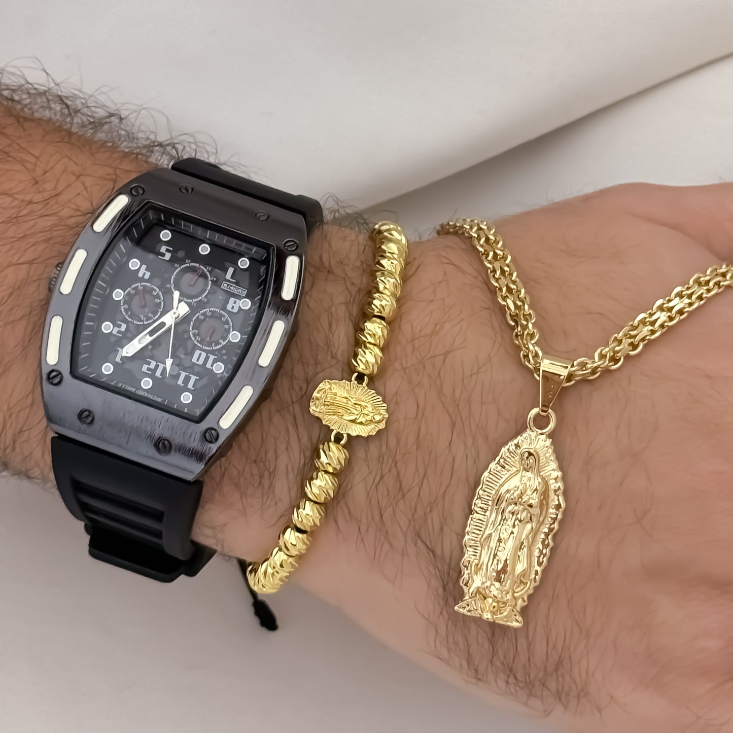 Cadena Tejido Chino de Hombre de 60cm de 5mm de Grosor + Virgen de Guadalupe Tallada + Pulsera Virgen de Guadalupe Tallada balin 5mm en Oro Laminado 18k con Garantia de por vida + Reloj de Hombre Richat con Garantia