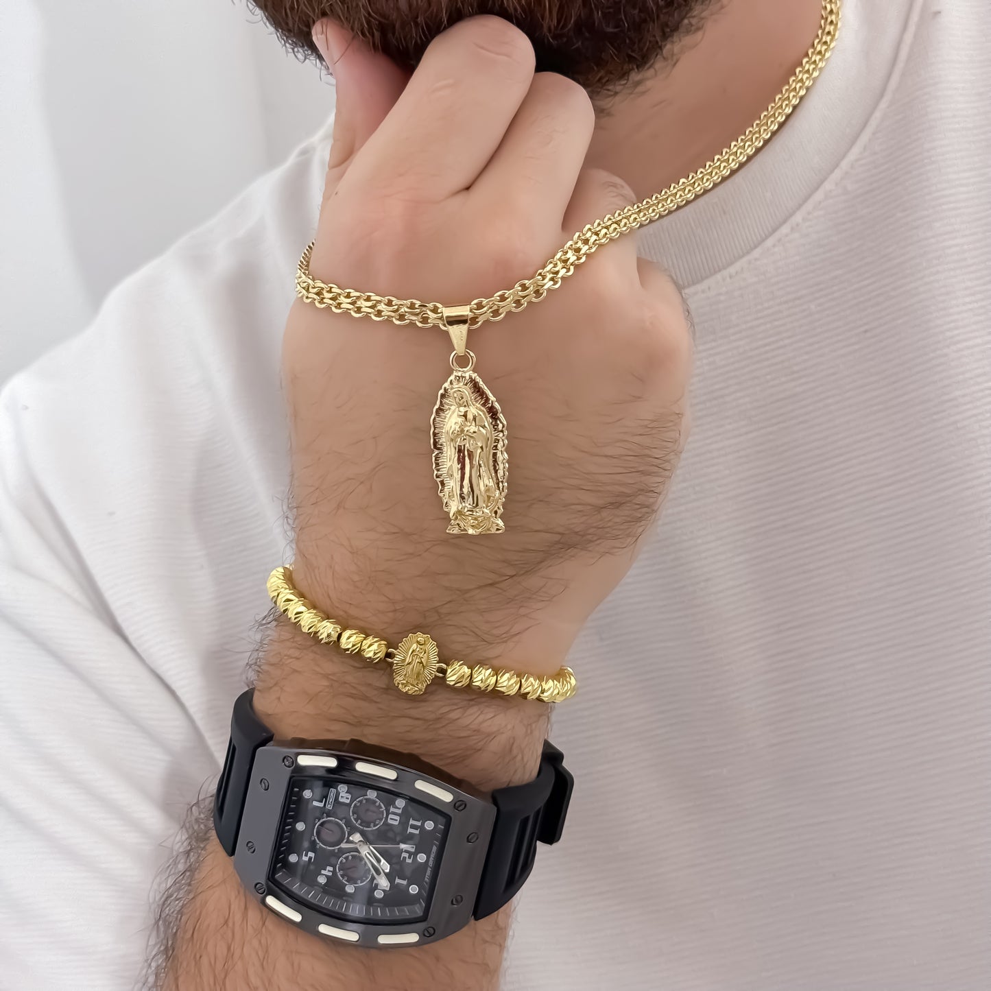 Cadena Tejido Chino de Hombre de 60cm de 5mm de Grosor + Virgen de Guadalupe Tallada + Pulsera Virgen de Guadalupe Tallada balin 5mm en Oro Laminado 18k con Garantia de por vida + Reloj de Hombre Richat con Garantia