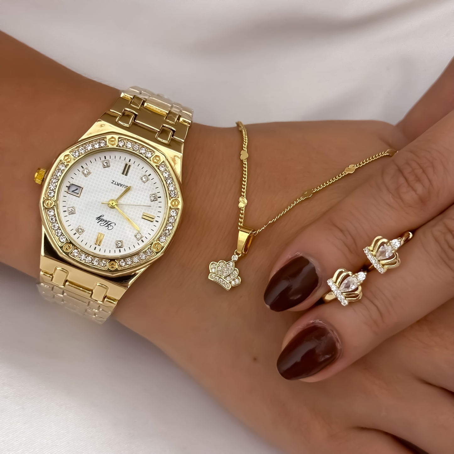 Cadena Tejido Cubana de corazon + Dije de Corona con micro circones + Topos Corona de Dama en Oro Laminado 18k con Garantía de por vida + Reloj de Dama Hilfet