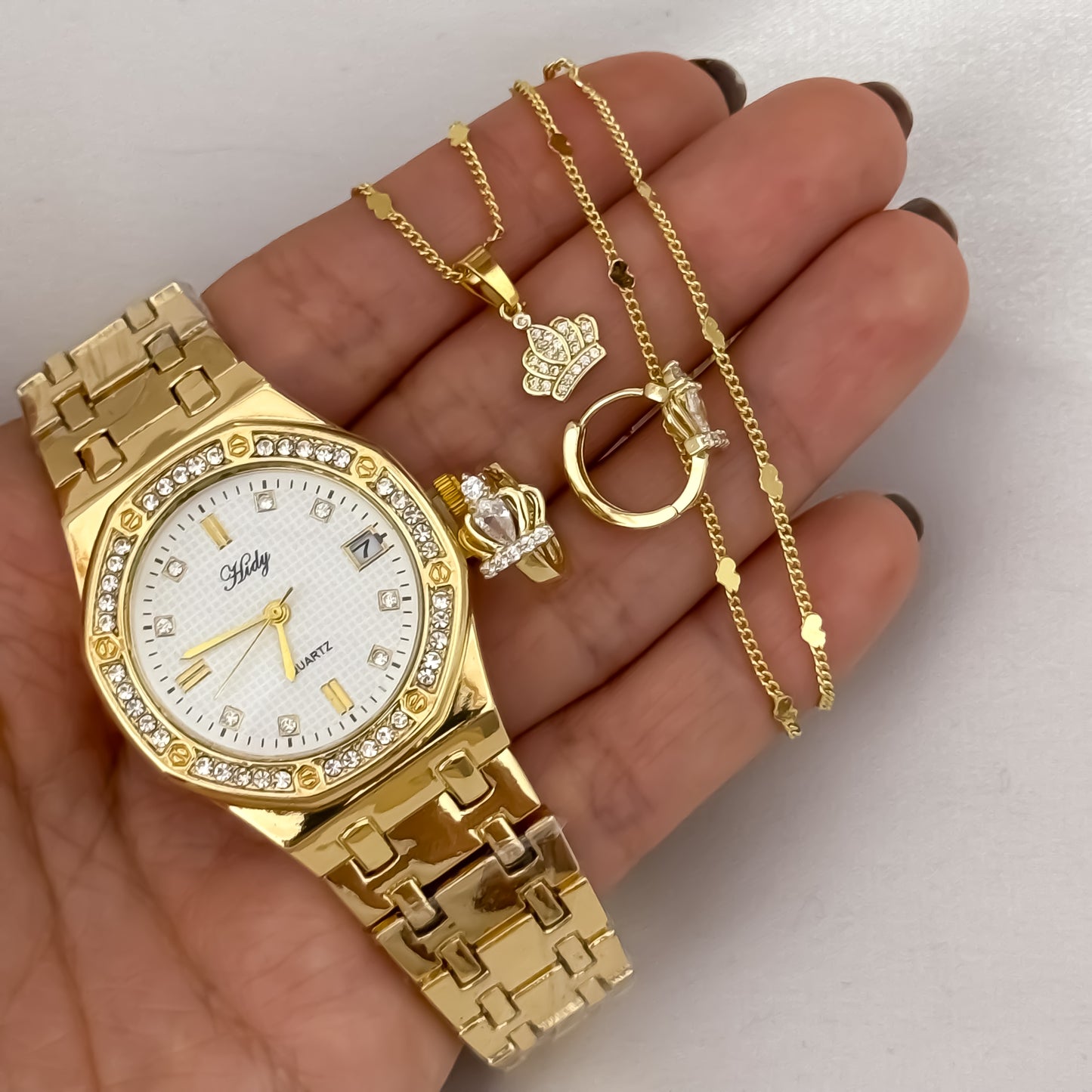 Cadena Tejido Cubana de corazon + Dije de Corona con micro circones + Topos Corona de Dama en Oro Laminado 18k con Garantía de por vida + Reloj de Dama Hilfet