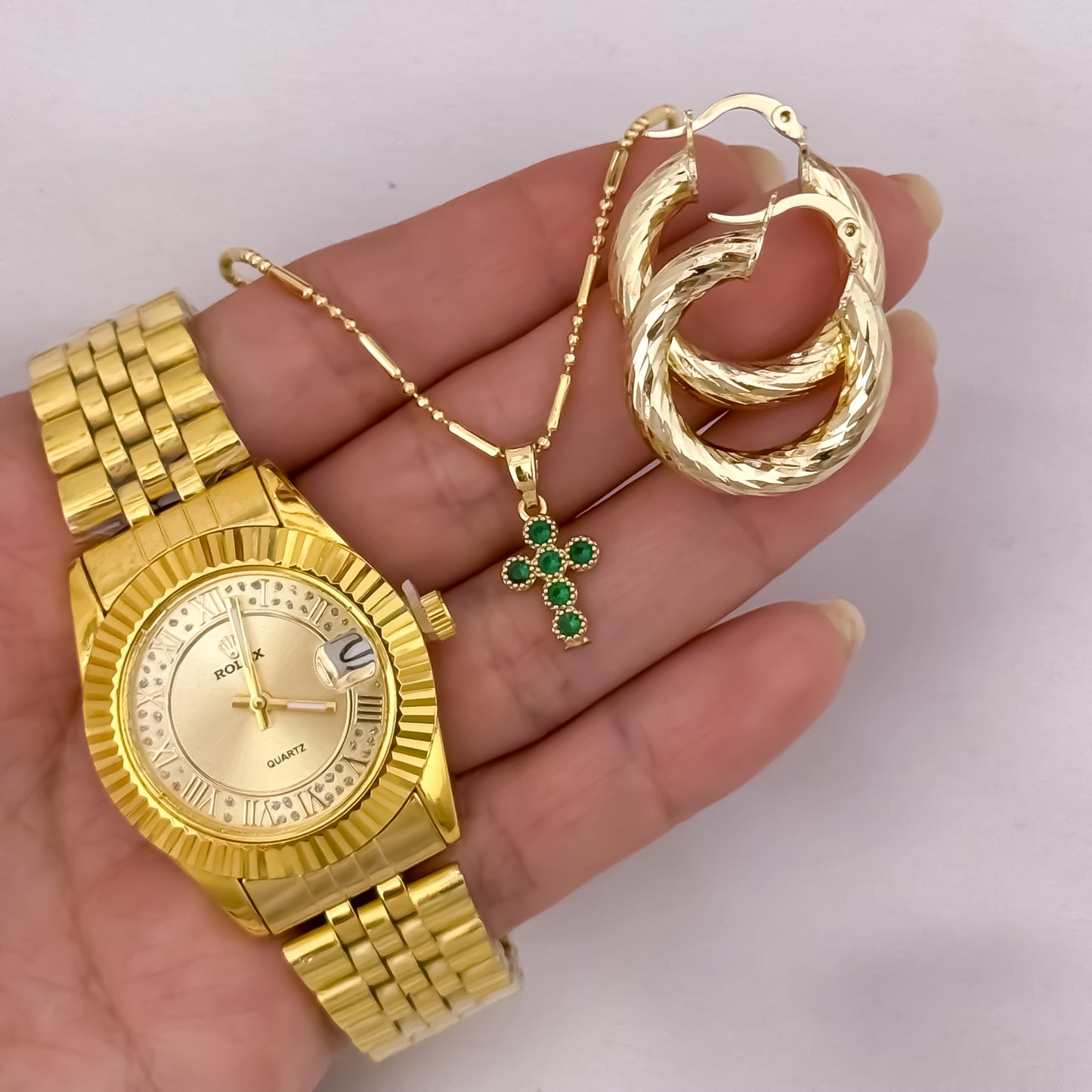 Cadena Tejido Militar Palito para Dama de 45CM + Cruz Verde Esmeralda + Candongas Melcochas de 20mm en Oro Laminado 18k con Garantia + Reloj de Dama Rolex en con Garantía