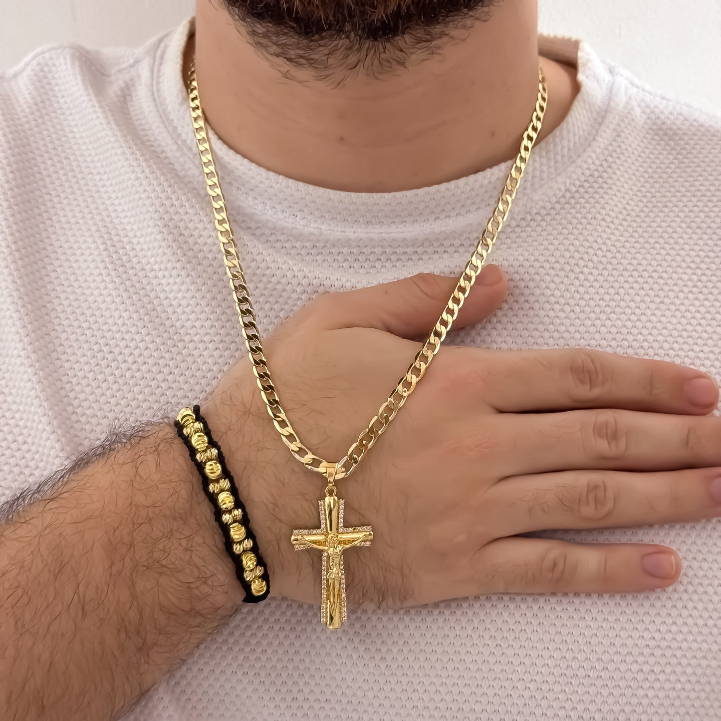 Cadena Tejido Cubana de Hombre de 60cm de 5mm de Grosor + Cruz Cristo Madero con Micro Circones Cristales + Pulseras Balin Italiano de 6mm y 4mm en Oro Laminado 18k con Garantia de por vida