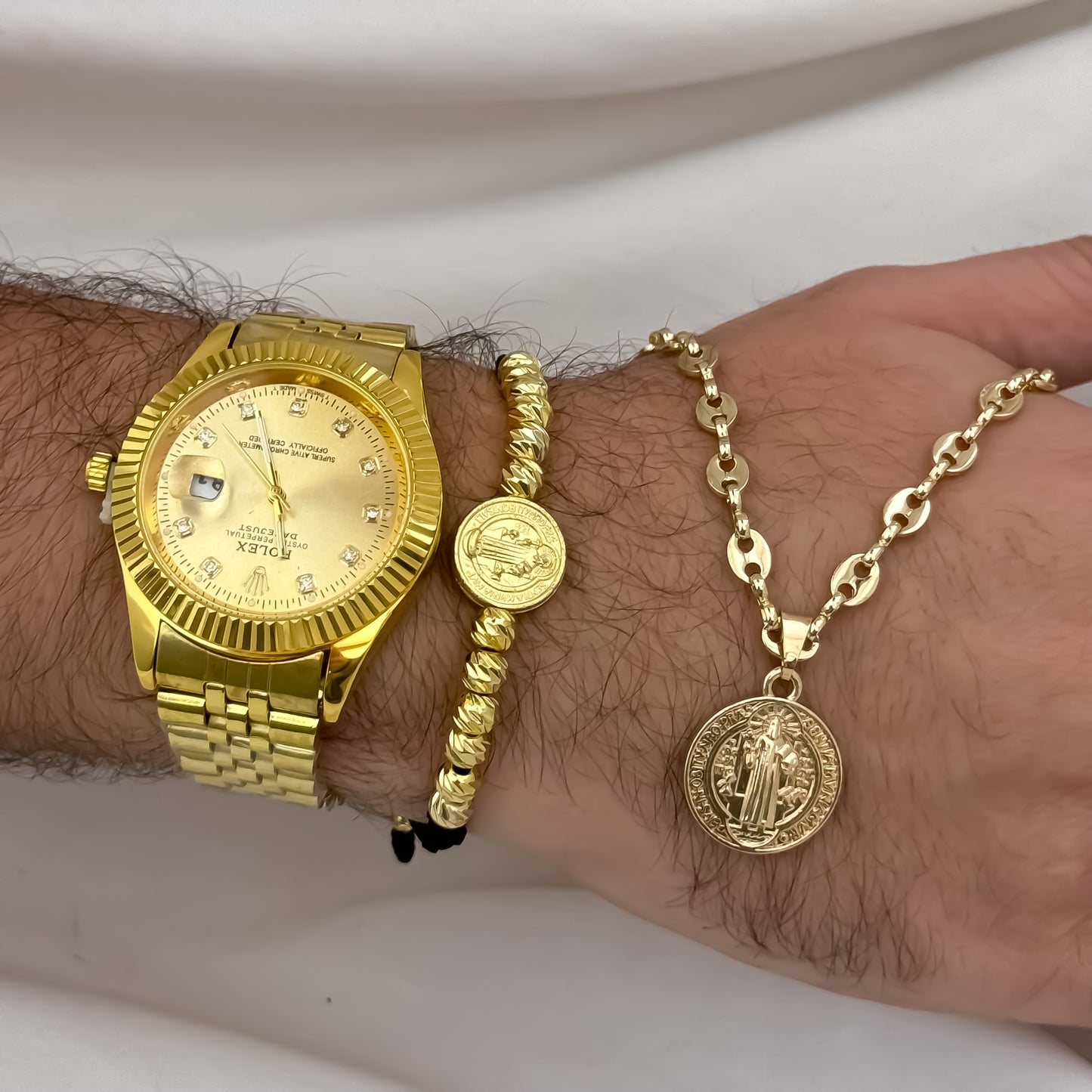 Cadena Tejido gucci de Hombre de 60cm de 3mm de Grosor + Medalla de San Benito + Pulsera Balin italiano san Benito en Oro laminado 18k con Garantia de por vida + Reloj Rolex de Hombre