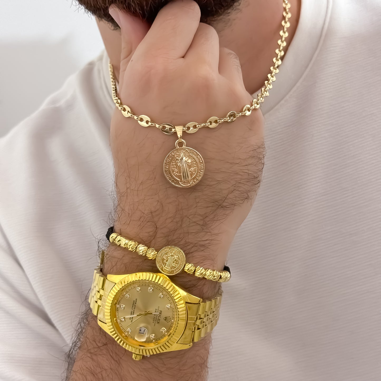 Cadena Tejido gucci de Hombre de 60cm de 3mm de Grosor + Medalla de San Benito + Pulsera Balin italiano san Benito en Oro laminado 18k con Garantia de por vida + Reloj Rolex de Hombre