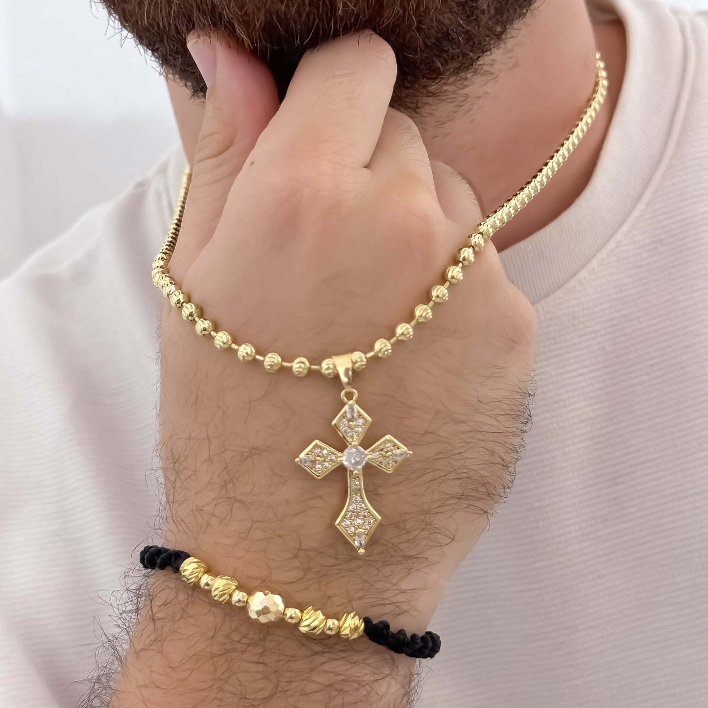 Cadena Tejido Militar de Hombre de 60cm de 4mm Diamantado en Balin Italiano + Cruz Trebol con Micro circones + Pulseras Balin Italiano de 6mm y en Oro Laminado 18k con Garantía de por vida mismo color de oro de 18k