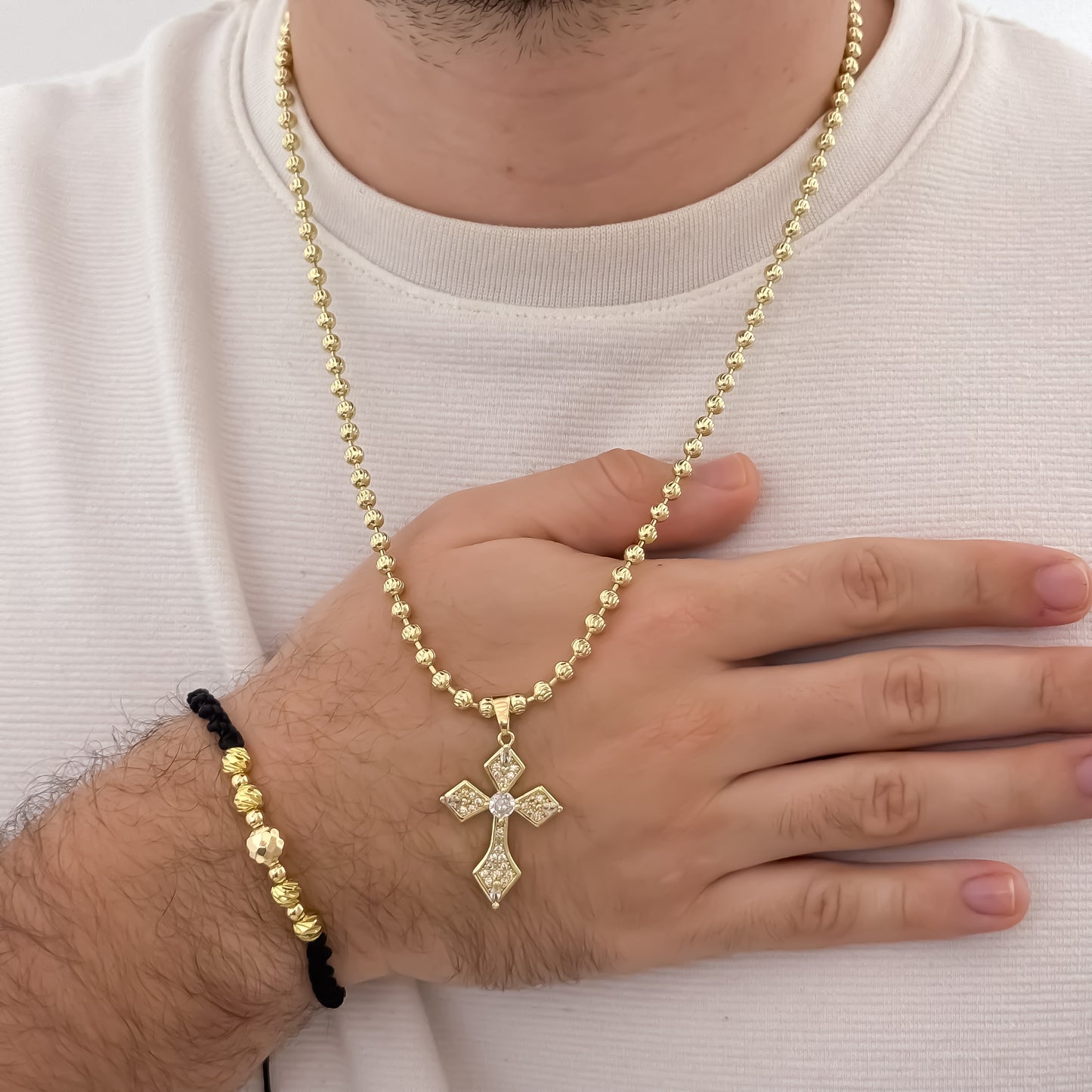 Cadena Tejido Militar de Hombre de 60cm de 4mm Diamantado en Balin Italiano + Cruz Trebol con Micro circones + Pulseras Balin Italiano de 6mm y en Oro Laminado 18k con Garantía de por vida mismo color de oro de 18k