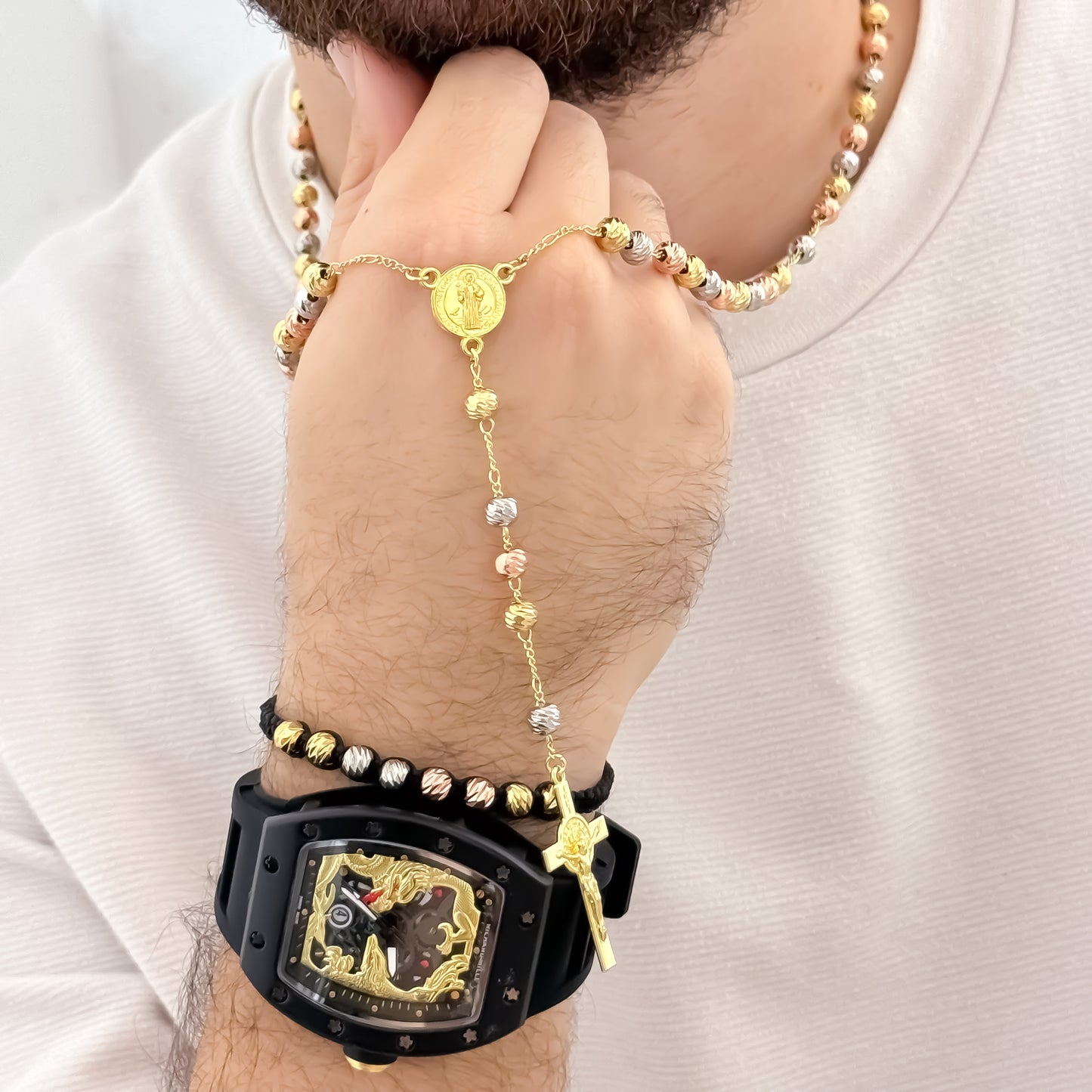 Camándula de San Benito Protección de 60cm de 5mm Balin italiano de 3 Oros + Pulsera Balin italiano en Oro Laminado18k con Garantia de por vida + Reloj Richard