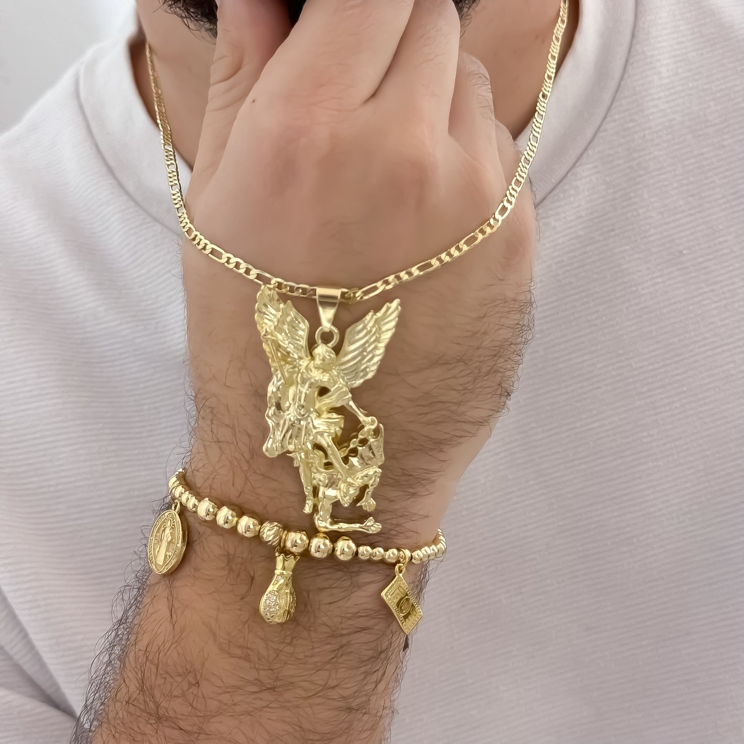 Cadena Tejido Catier de hombre de 60cm + San Miguel Arcángel Protección + Pulsera de Abundancia y Protección con San Benito + Bolsa Dinero + Billete de Dólar en Oro Laminado 18k con Garantia de por vida