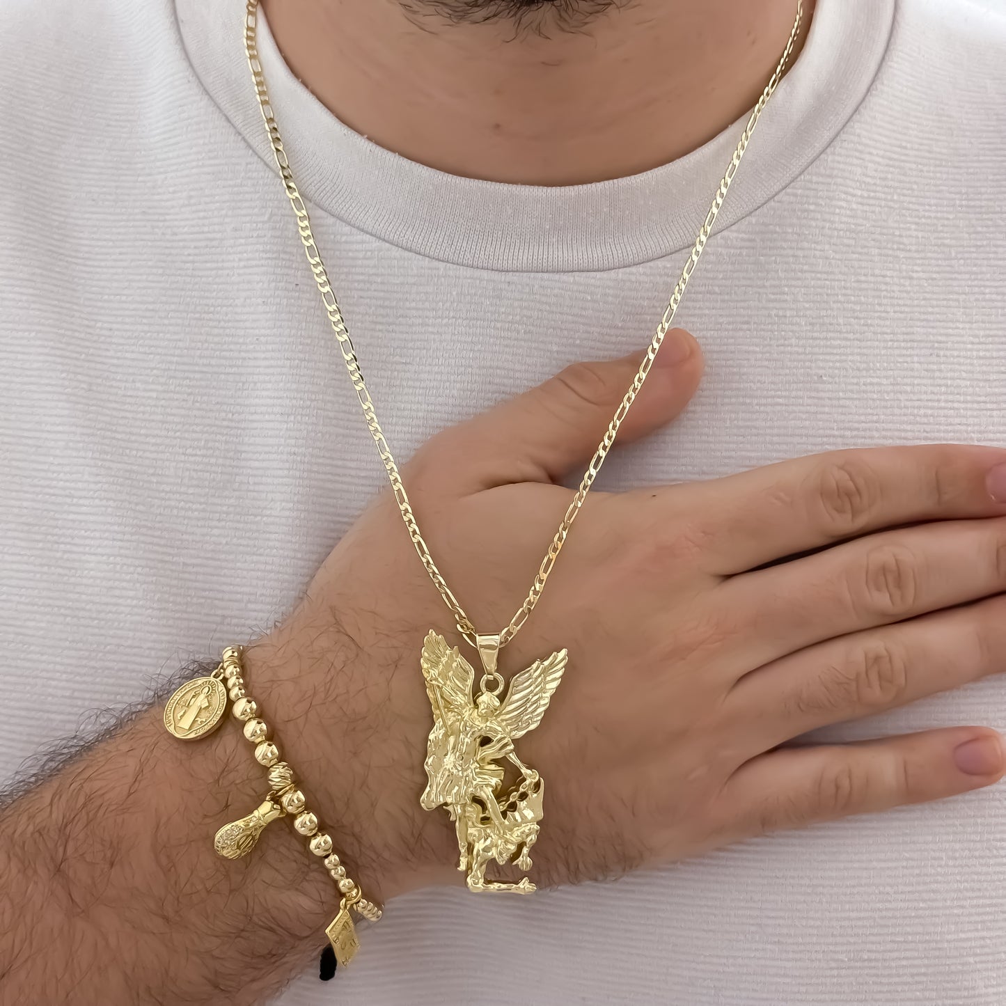 Cadena Tejido Catier de hombre de 60cm + San Miguel Arcángel Protección + Pulsera de Abundancia y Protección con San Benito + Bolsa Dinero + Billete de Dólar en Oro Laminado 18k con Garantia de por vida