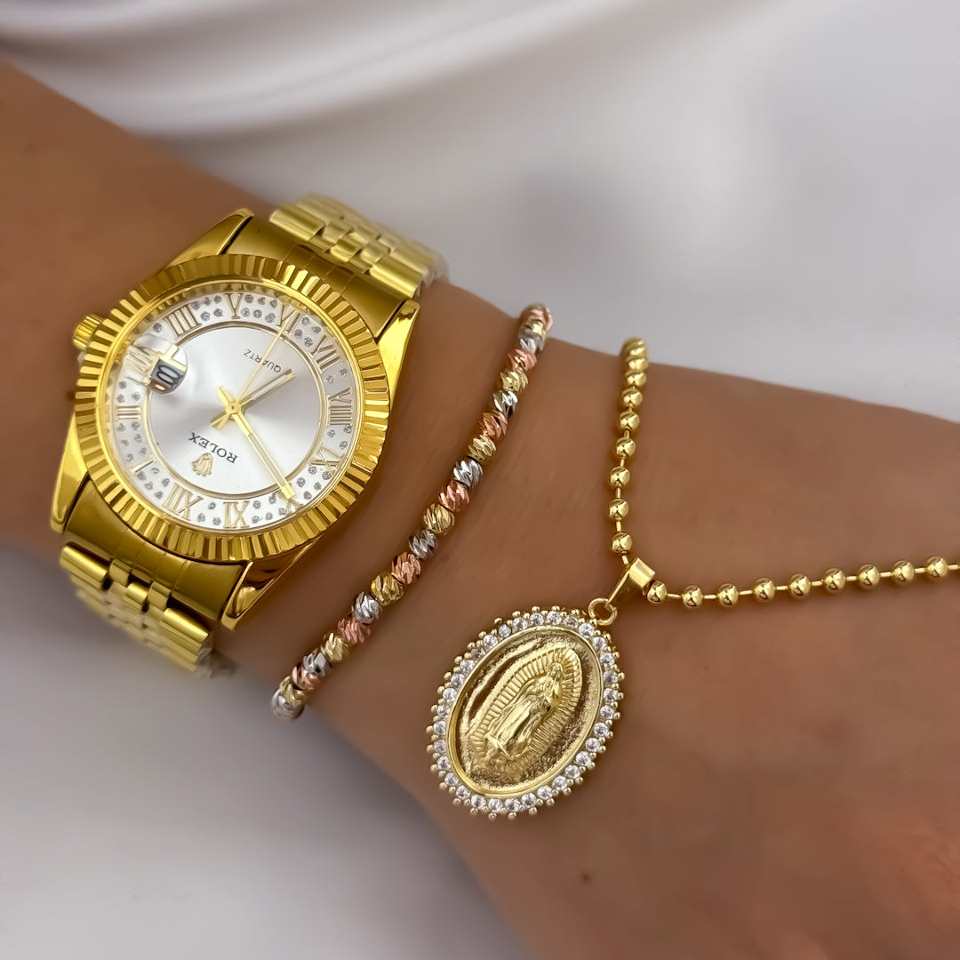 Cadena Tejido Militar de Dama de 45cm + Pulsera en Balin italiano de 3 Oros + Reloj de Dama en Oro Laminado 18k con Garantia de por vida
