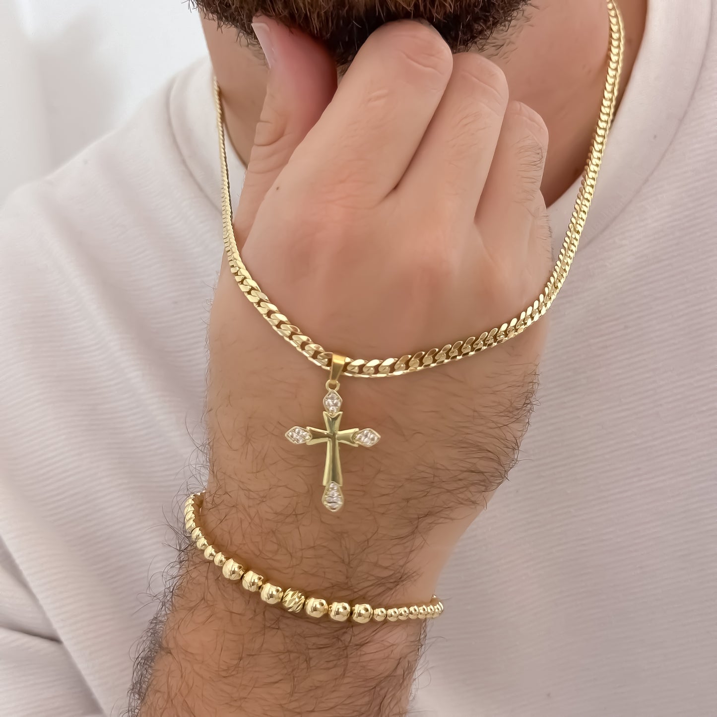 Cadena Cubana Plana Diamantada de 60cm de 5mm de Grosor + Cruz Trébol con micro circones +Pulsera Full balines de 4mm y 5mm en Oro Laminado 18k con Garantía de por vida incluye certificado de Garantia