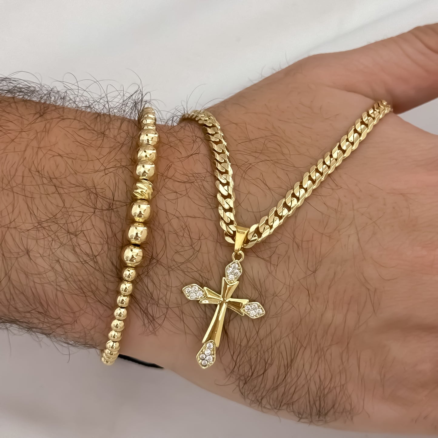 Cadena Cubana Plana Diamantada de 60cm de 5mm de Grosor + Cruz Trébol con micro circones +Pulsera Full balines de 4mm y 5mm en Oro Laminado 18k con Garantía de por vida incluye certificado de Garantia