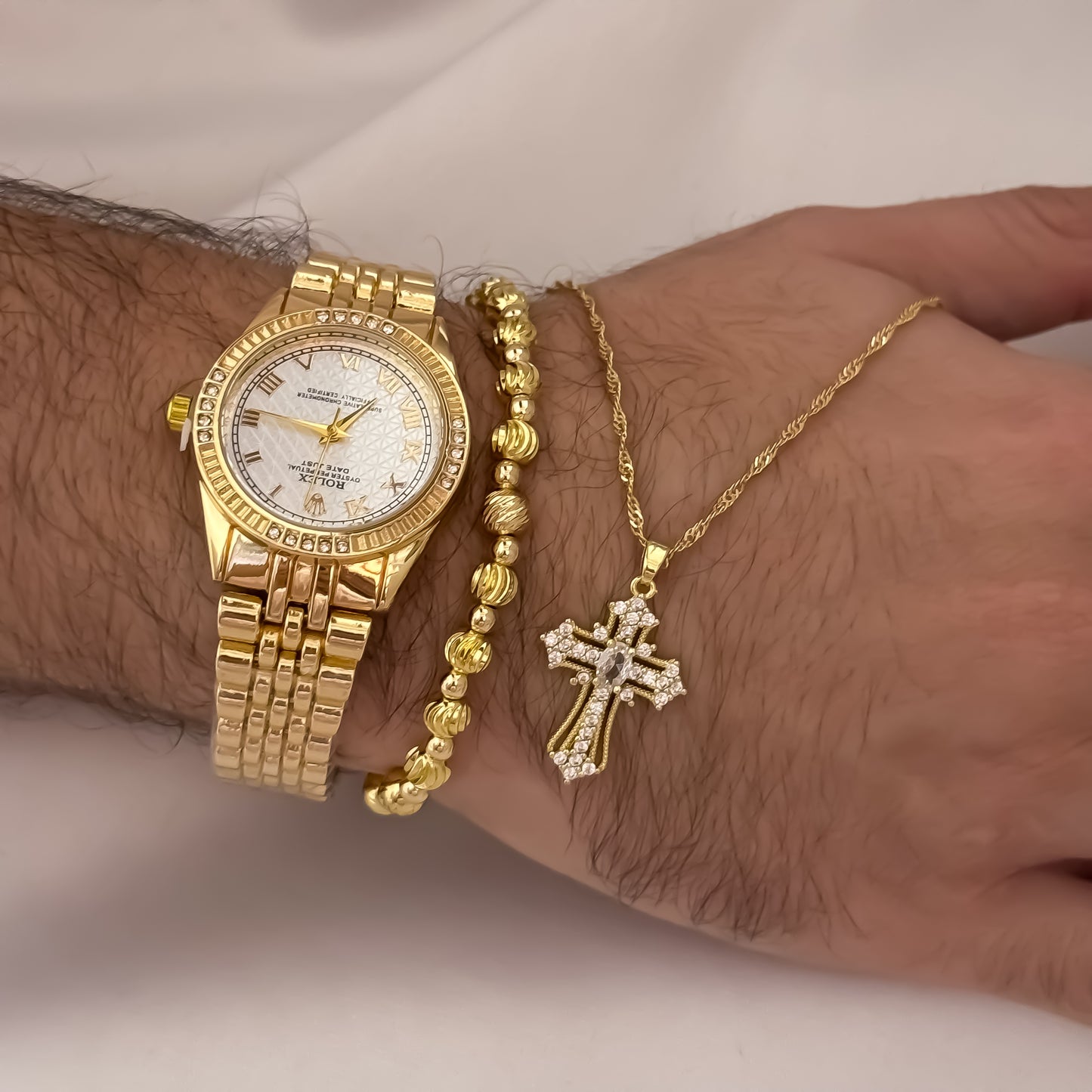 Cadena Lazo Delgado de hombre de 60cm de 2mm + Cruz Micro Circones Cristales + Pulsera Italiana 6mm + Reloj de Hombre Rolex en Oro Laminado 18k con Garantia de por vida