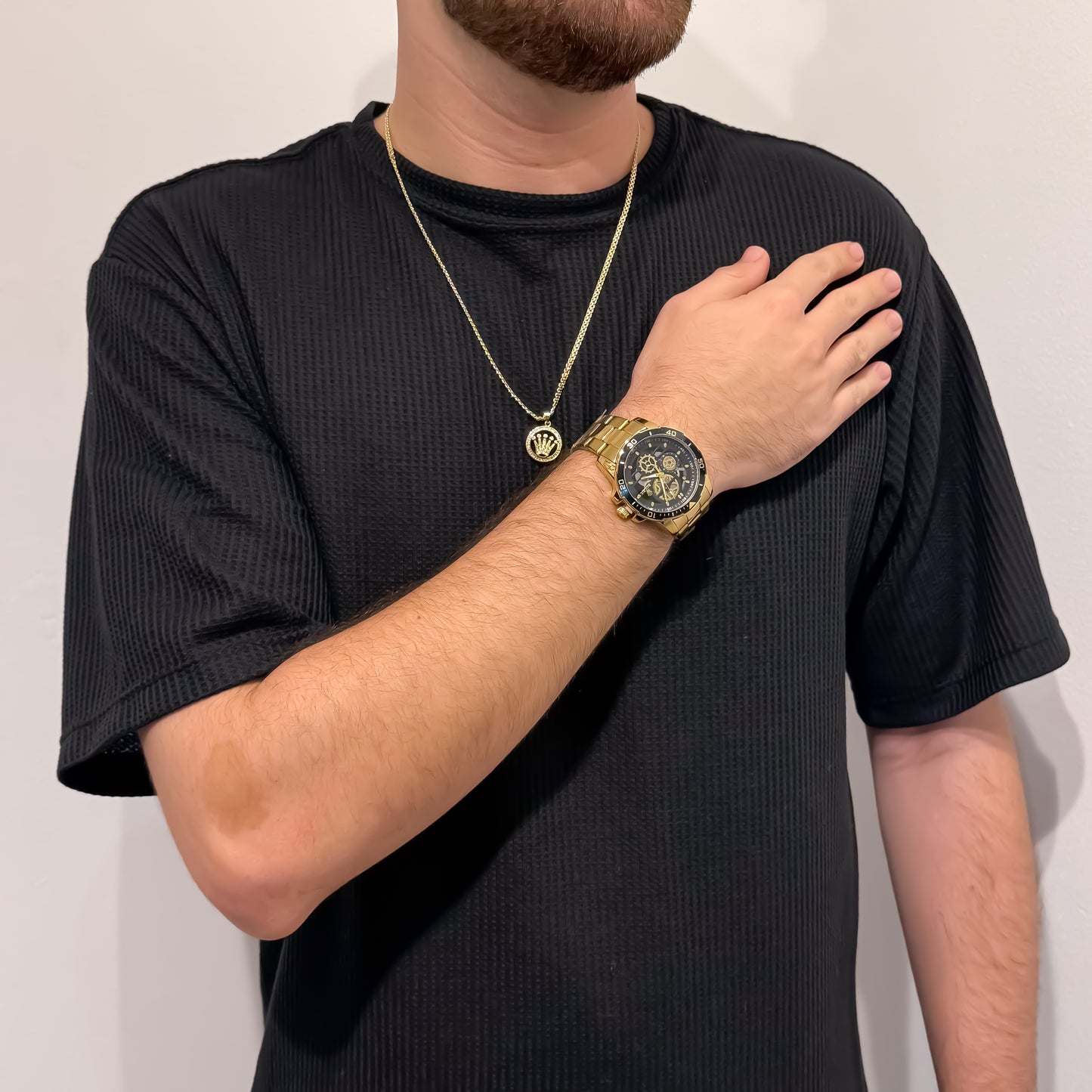 Cadena Tejido Chino de Hombre de 60cm de 3mm de Grosor + Dije de Rolex con Micro circones + Reloj Rolex de Caballero en Oro Laminado 18k con Garantia de por vida + Camiseta Oversize
