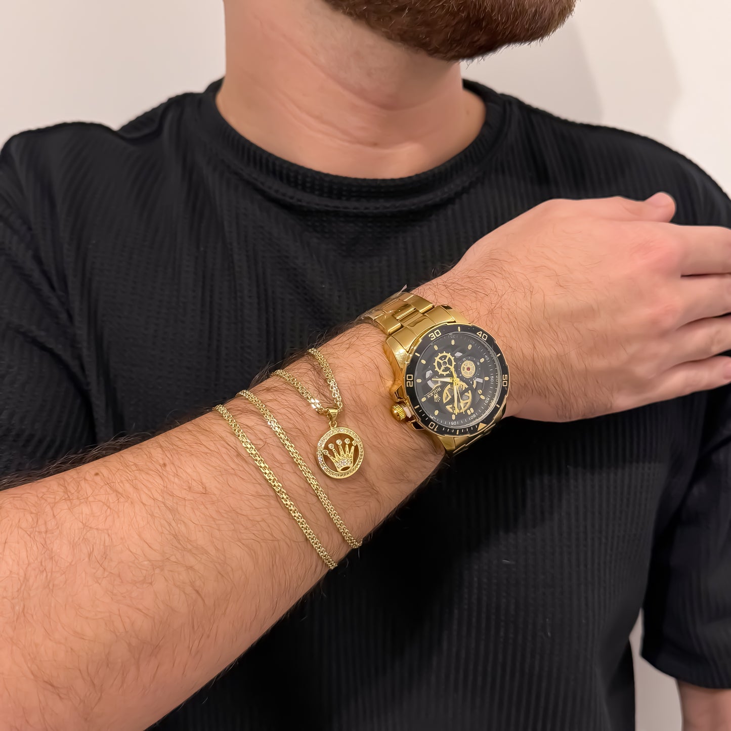 Cadena Tejido Chino de Hombre de 60cm de 3mm de Grosor + Dije de Rolex con Micro circones + Reloj Rolex de Caballero en Oro Laminado 18k con Garantia de por vida + Camiseta Oversize