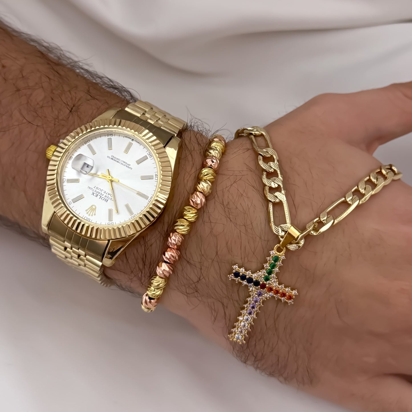 Cadena Tejido Catier de hombre de 60cm de 5mm de Grosor + Cruz con Micro circones de Colores + Pulseras Balin italiano de 6mm de Grosor en Oro Laminado 18k Reloj de Hombre Rolex