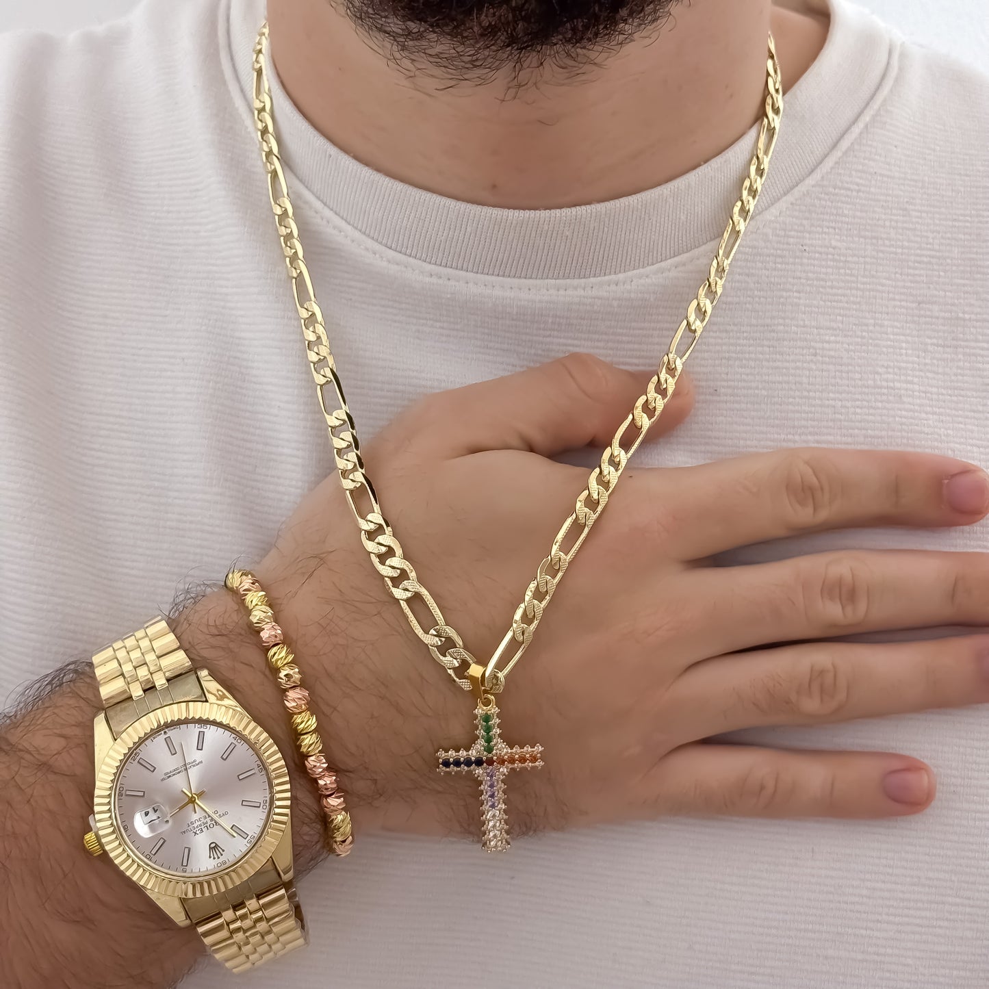 Cadena Tejido Catier de hombre de 60cm de 5mm de Grosor + Cruz con Micro circones de Colores + Pulseras Balin italiano de 6mm de Grosor en Oro Laminado 18k Reloj de Hombre Rolex