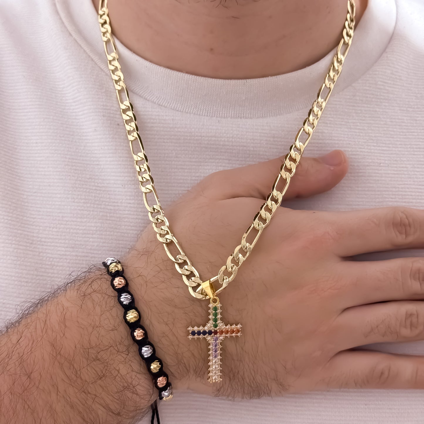 Cadena Tejido Catier de Hombre de 60cm de 5mm de Grosor + Cruz Con Micro circones + pulseras en balin italiano de 3 Oros en Oro Laminado 18k con garantía