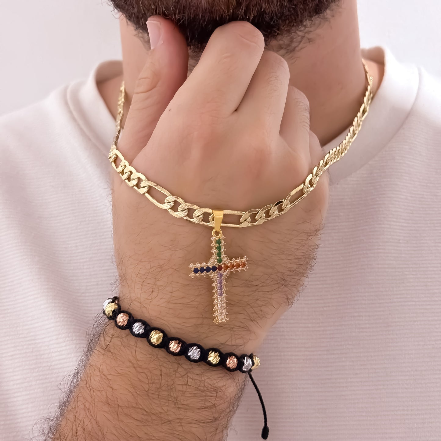 Cadena Tejido Catier de Hombre de 60cm de 5mm de Grosor + Cruz Con Micro circones + pulseras en balin italiano de 3 Oros en Oro Laminado 18k con garantía