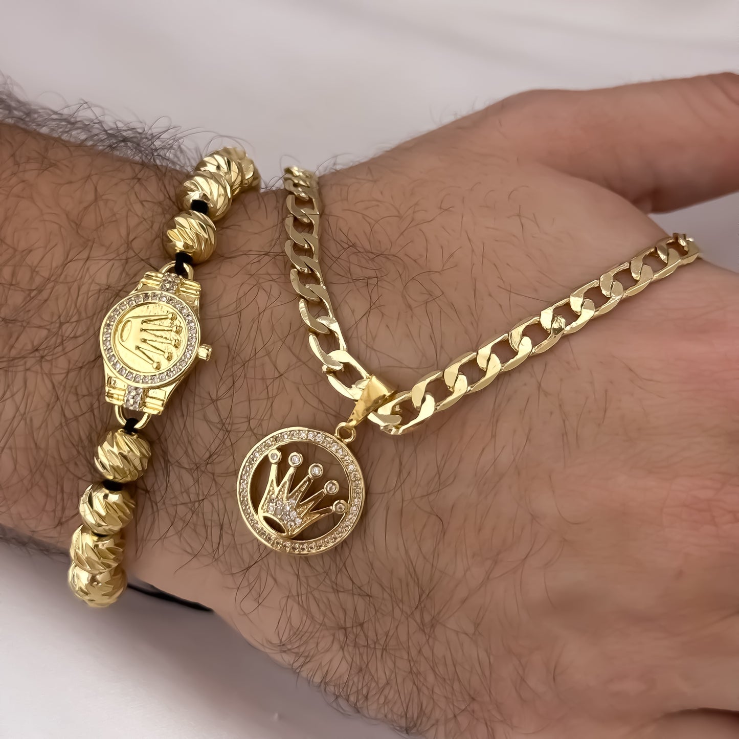 Cadena Cubana Gruesa de 60cm de 5mm + Dije de Corona Rolex + Pulsera Rolex Balin italiano de 8mm en Oro Laminado 18k con Garantia de por vida
