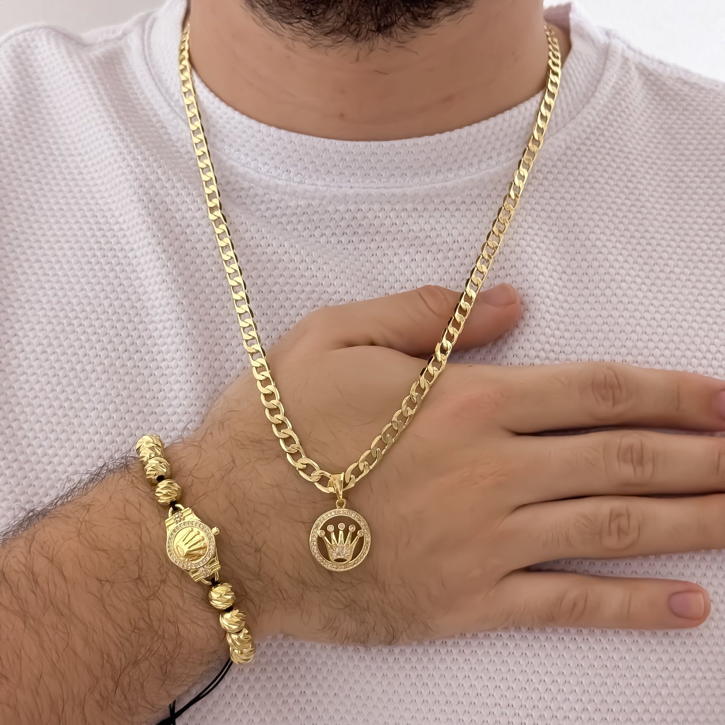 Cadena Cubana Gruesa de 60cm de 5mm + Dije de Corona Rolex + Pulsera Rolex Balin italiano de 8mm en Oro Laminado 18k con Garantia de por vida