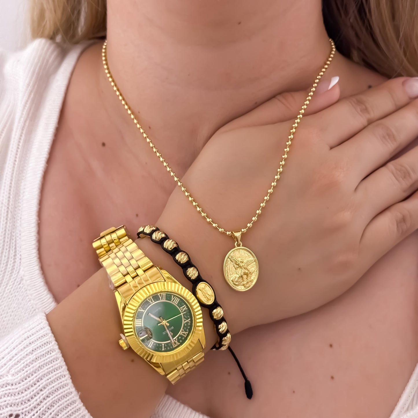 Cadena Tejido Militar de Dama 45 cm + San Miguel Arcángel + Pulsera Tejida San Miguel Balin Italiano en Oro Laminado 18k + Reloj Rolex de Dama