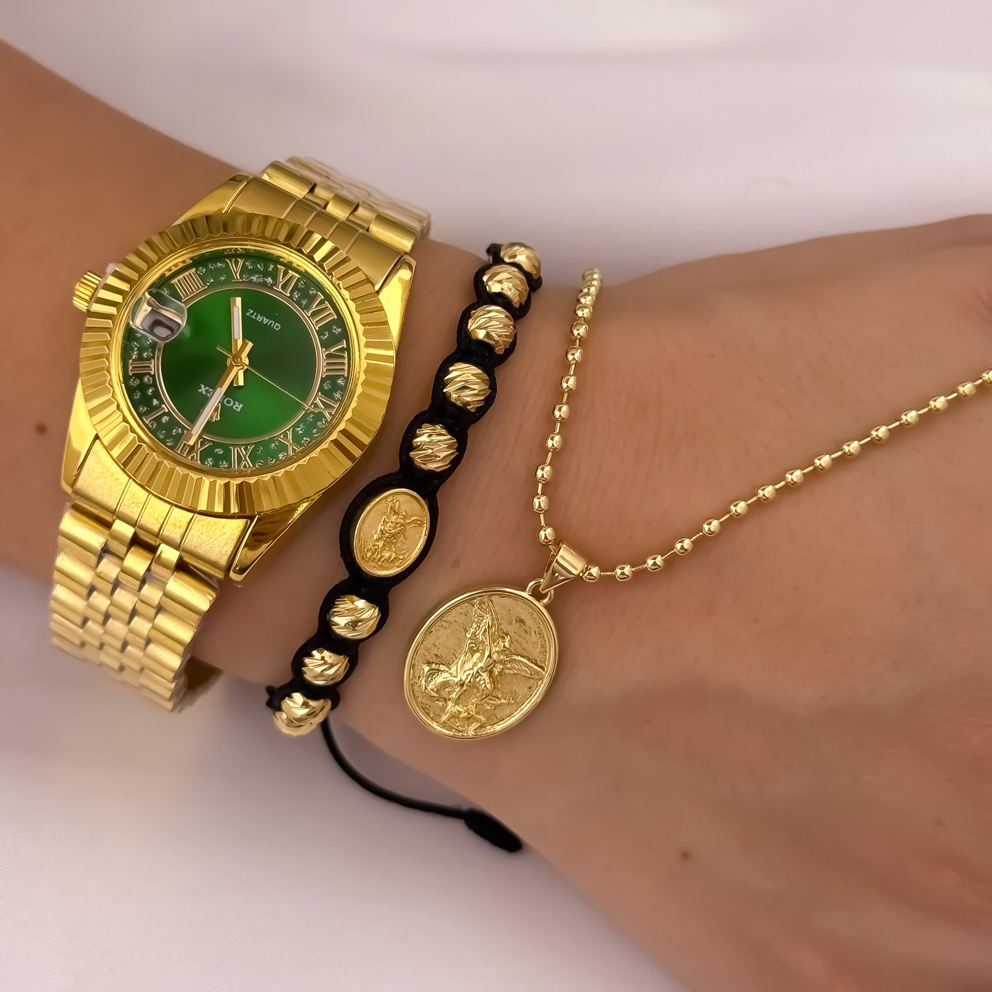 Cadena Tejido Militar de Dama 45 cm + San Miguel Arcángel + Pulsera Tejida San Miguel Balin Italiano en Oro Laminado 18k + Reloj Rolex de Dama