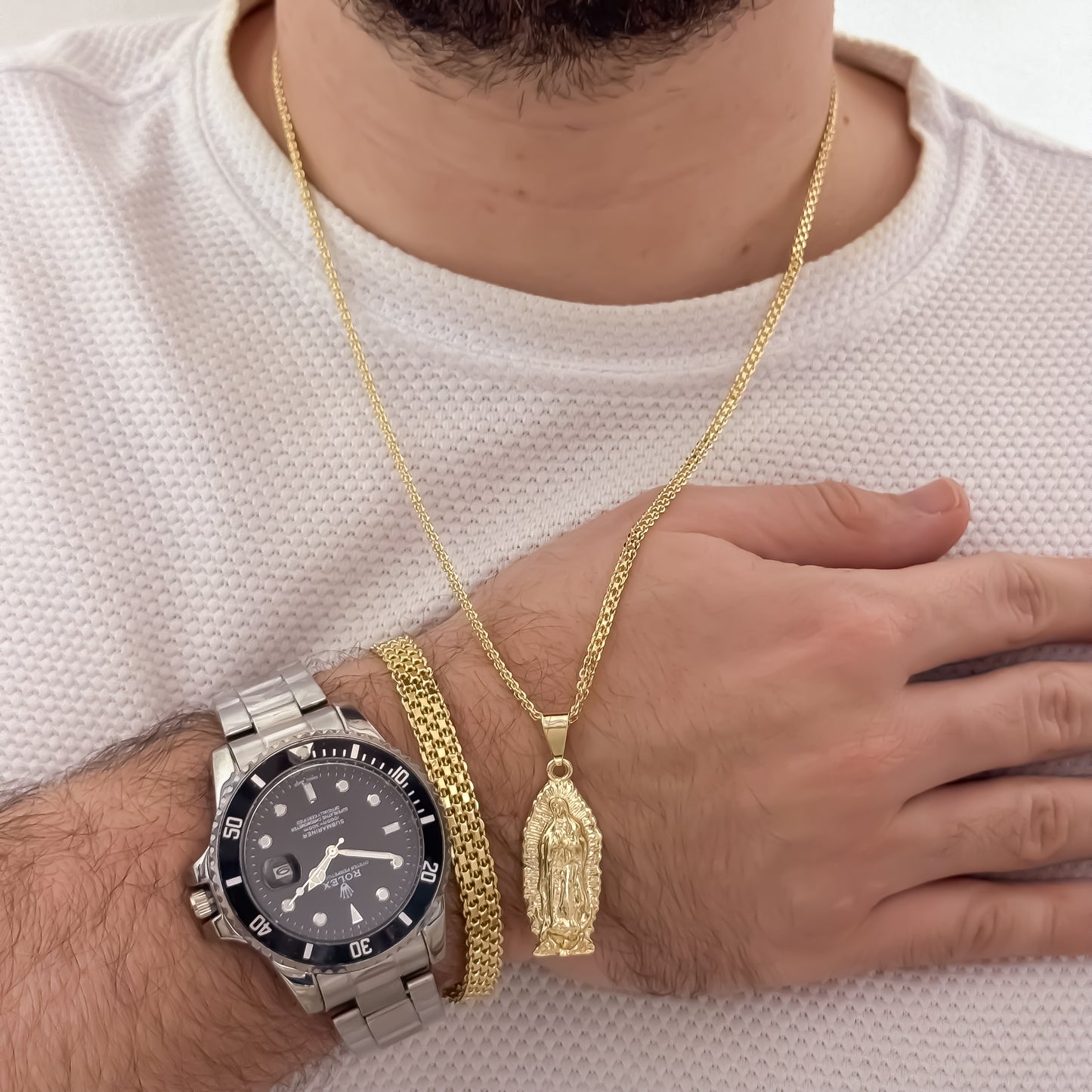 Cadena Tejido Chino de Hombre de 60cm de 3mm + Virgen de Guadalupe Tallada + Pulsera China Gruesa de 20cm de 5mm + Reloj