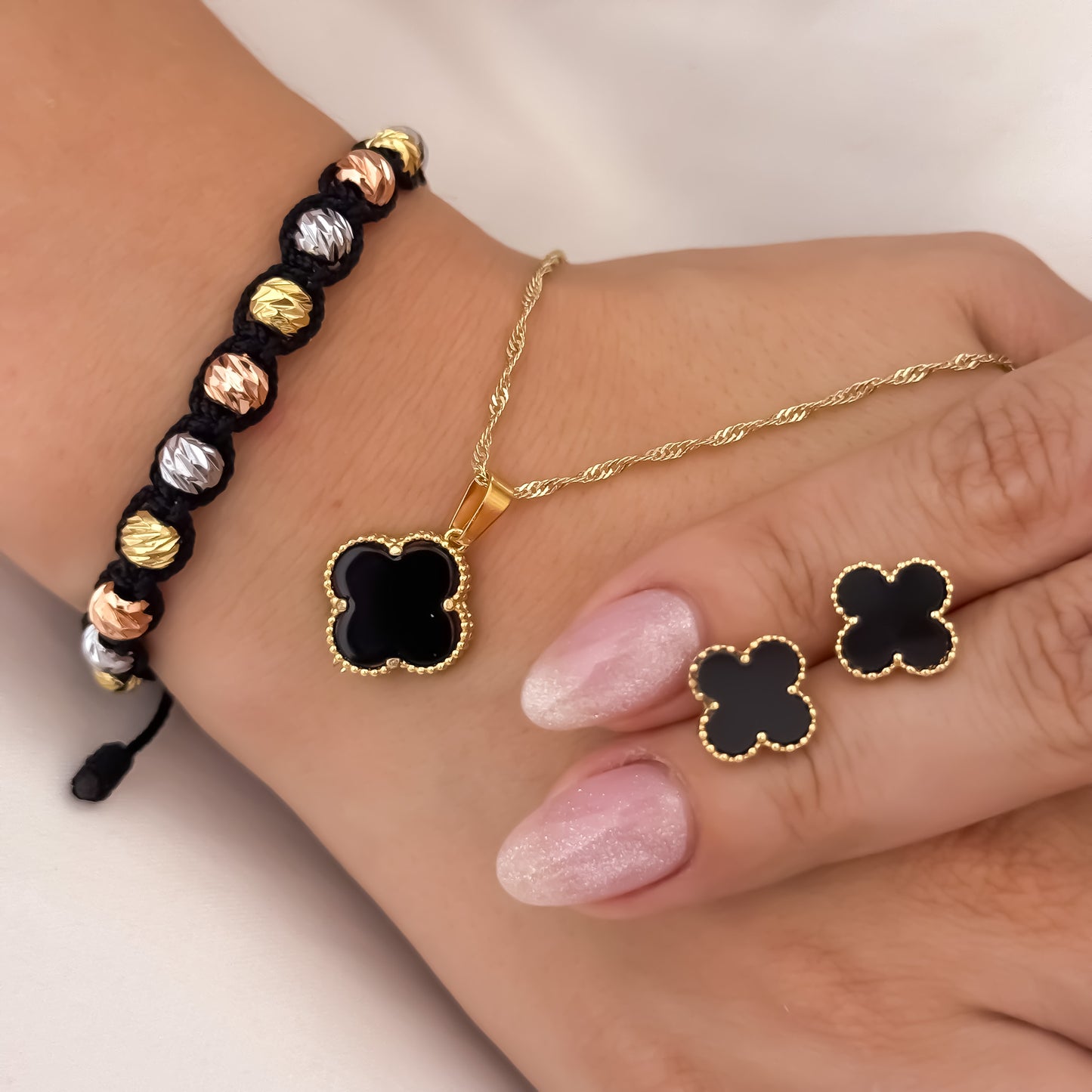 Cadena Tejido Singapur de Dama de 45cm de 2mm + Dije + Topos Van Cleef Negro + Pulsera Tejida de 3 Oros en Balin Italiano en Oro Laminado 18k con Garantia de por vida