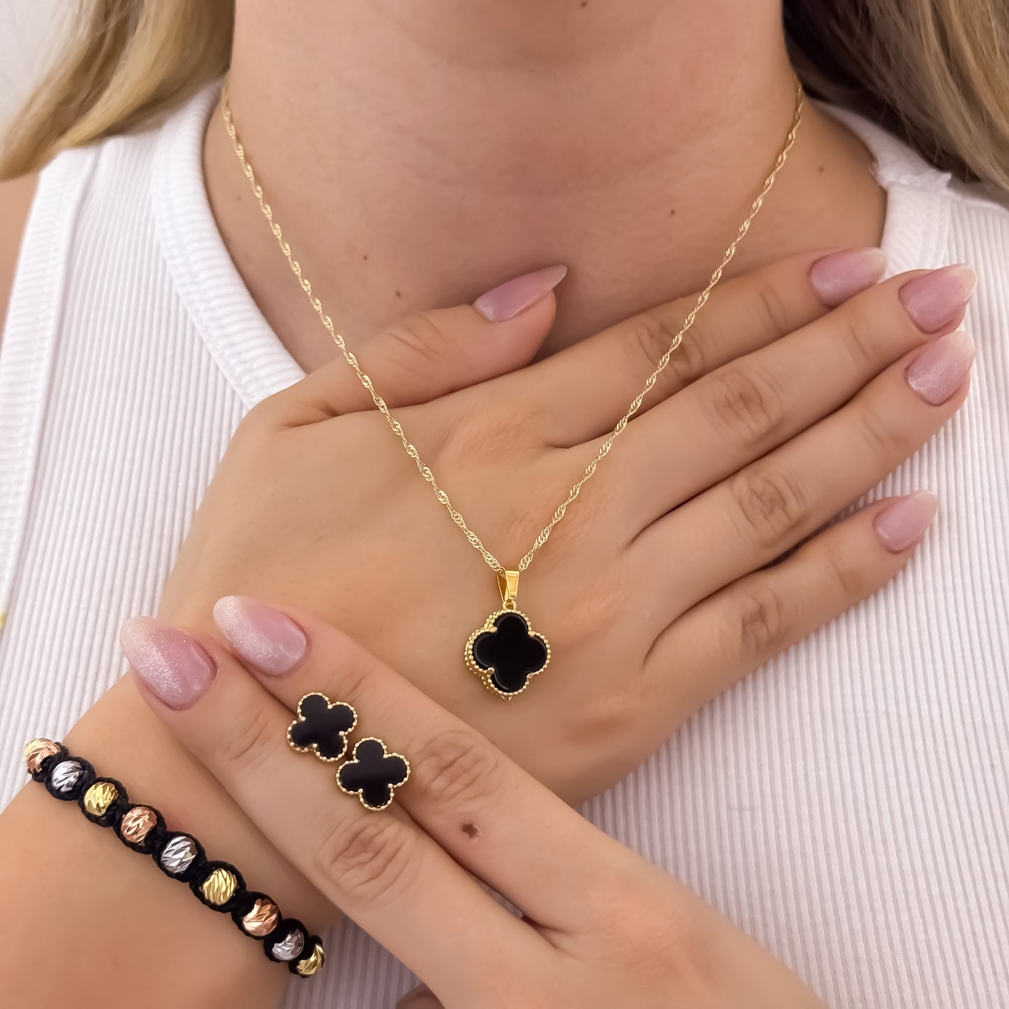 Cadena Tejido Singapur de Dama de 45cm de 2mm + Dije + Topos Van Cleef Negro + Pulsera Tejida de 3 Oros en Balin Italiano en Oro Laminado 18k con Garantia de por vida