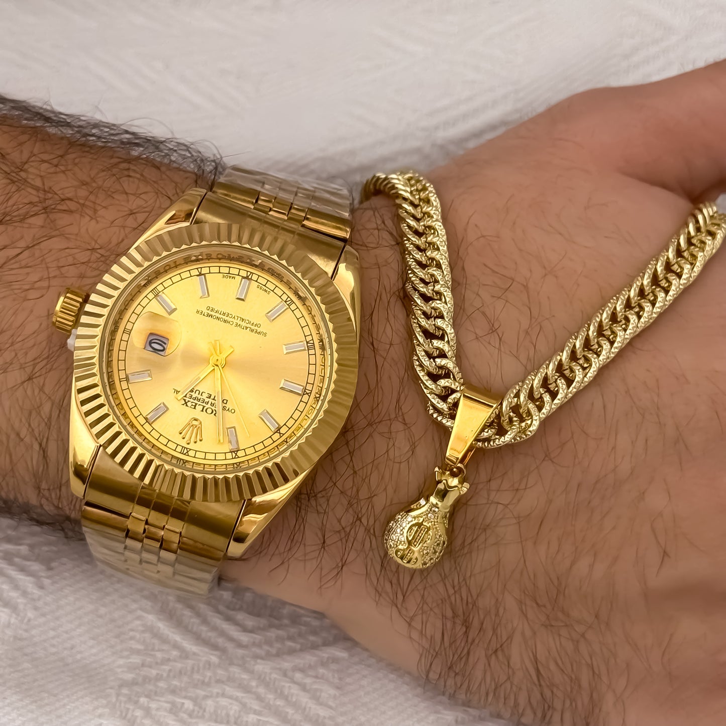 Cadena Tejido Cubana Cruzada Diamantada 60cm de 5mm + Bolsa de Dinero Micro Circones + Reloj de Hombre Rolex