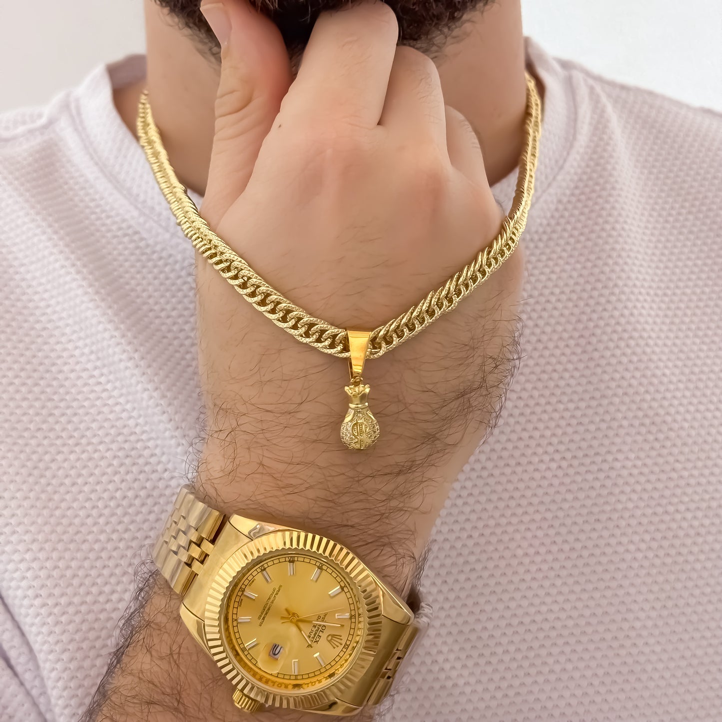 Cadena Tejido Cubana Cruzada Diamantada 60cm de 5mm + Bolsa de Dinero Micro Circones + Reloj de Hombre Rolex