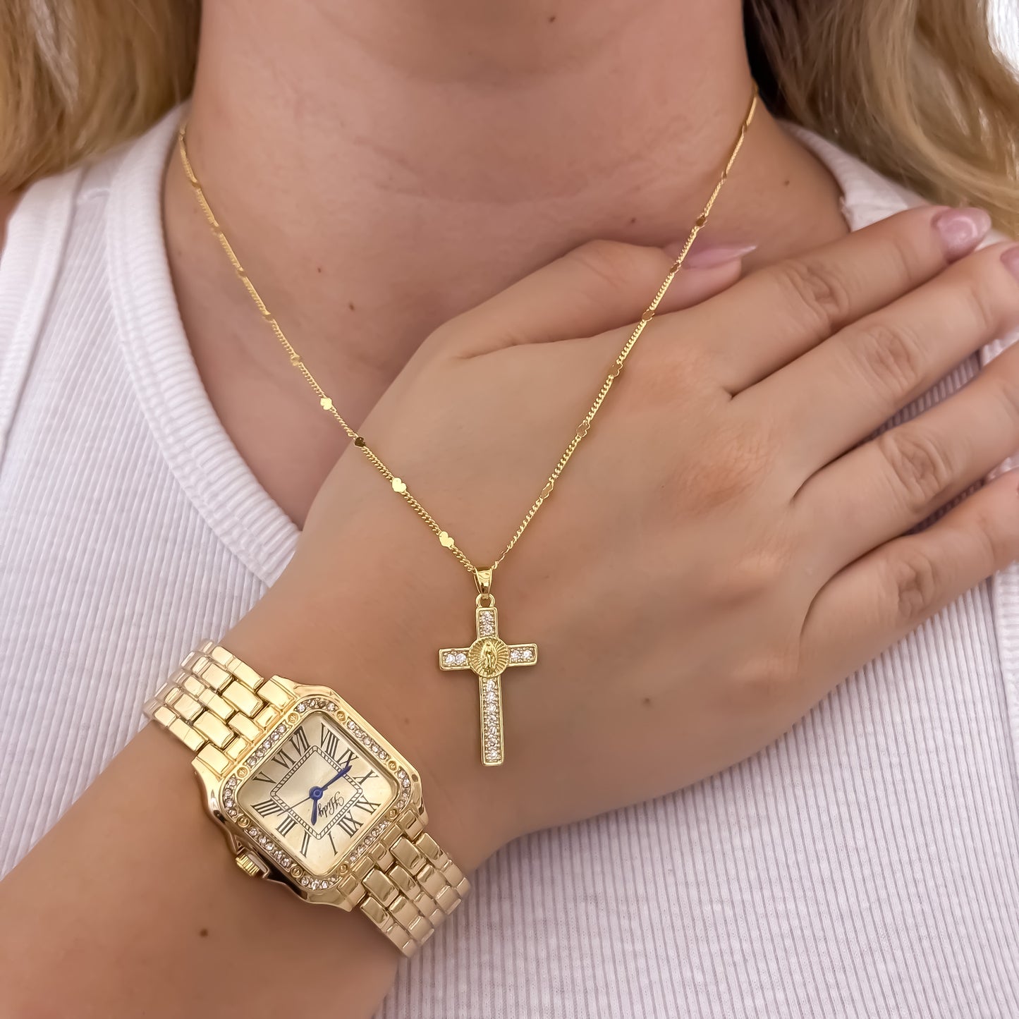 Cadena Tejido Corazon de Dama + Cruz Virgen de Guadalupe con Micro Circones en Oro Laminado 18k con Garantia de por vida + Reloj Catier de Dama con Micro Circones