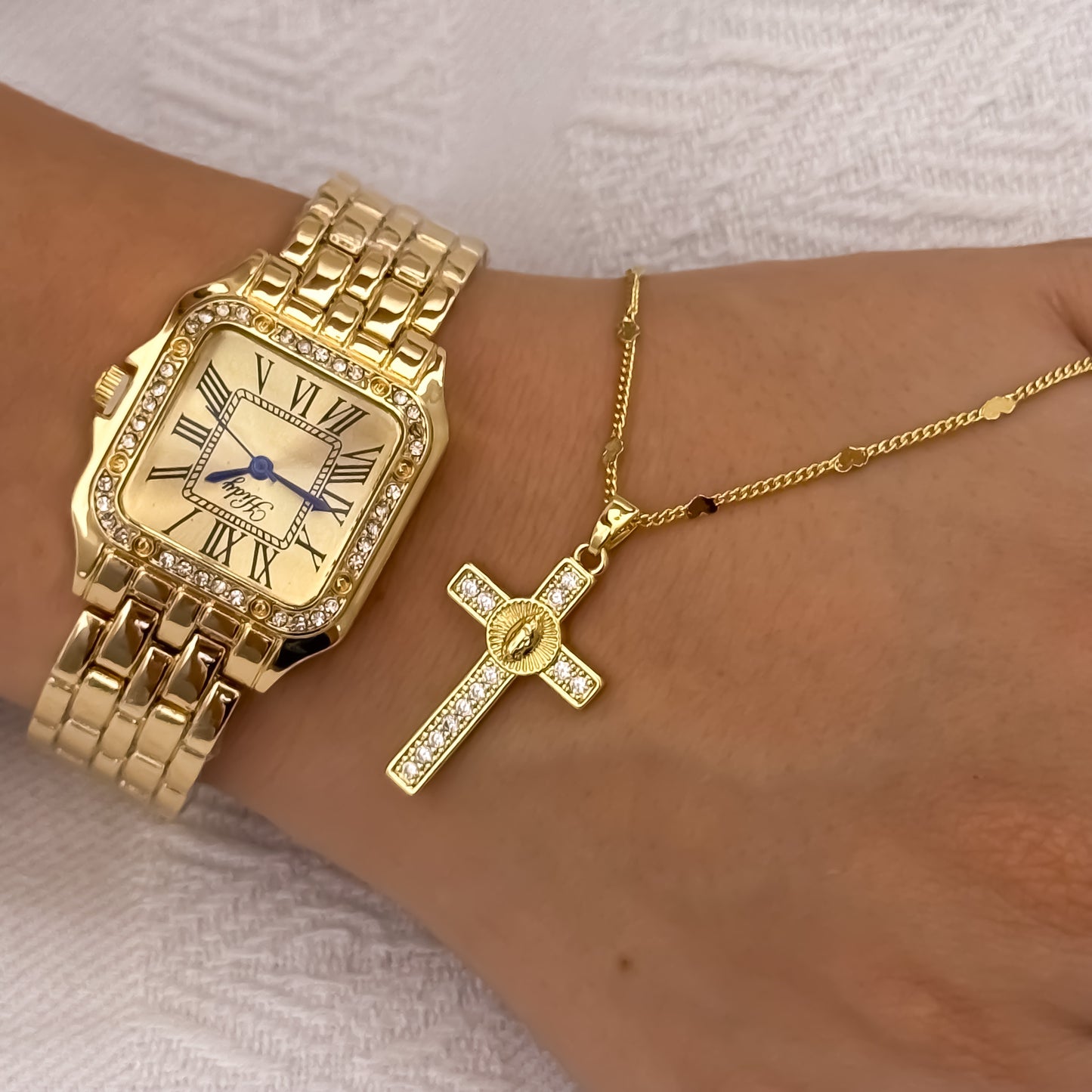 Cadena Tejido Corazon de Dama + Cruz Virgen de Guadalupe con Micro Circones en Oro Laminado 18k con Garantia de por vida + Reloj Catier de Dama con Micro Circones