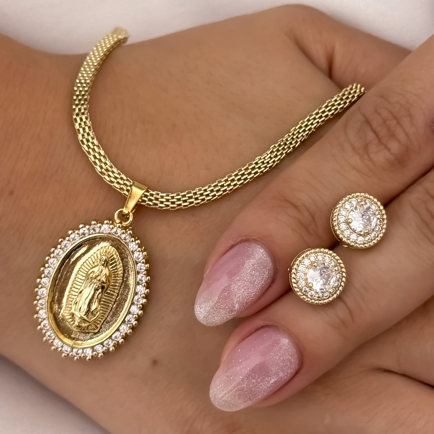 Cadena Tejido Chino Dama Gruesa de 5mm + Virgen de Guadalupe con Micro Circones + Topos Balin con Micro Circones en Oro Laminado 18k con Garantia de por vida