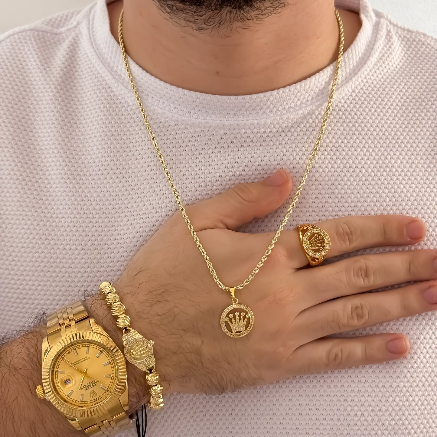 Cadena Tejido Lazo de hombre de 60cm de 2mm + Corona Rolex con Micro Circones Crisales + Anillo Rolex con Micro Circones Ajustable + Pulsera Rolex en Balin italiano de 8mm en Oro Laminado 18k con Garantia de por vida + Reloj Rolex