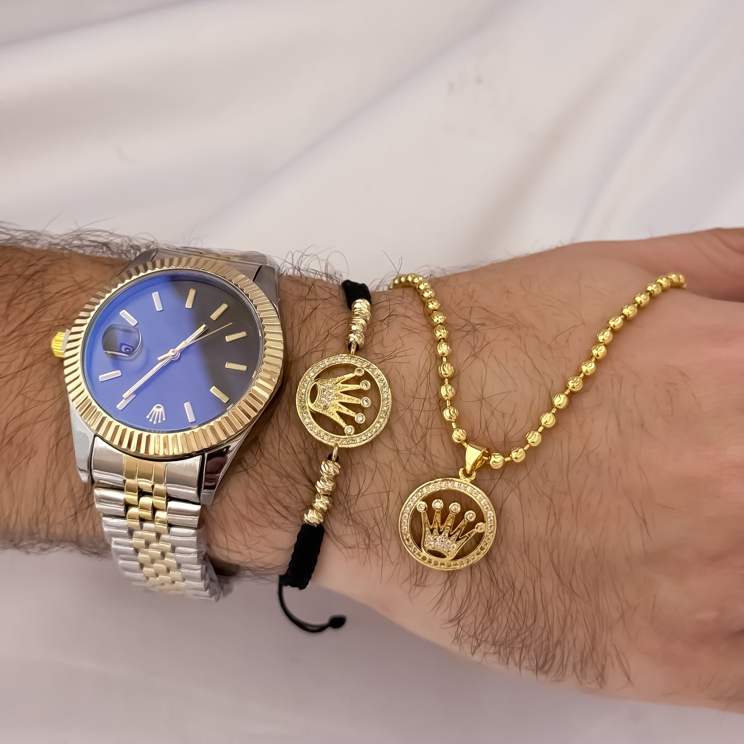 Caadena Tejido Militar de Hombre de 60cm de 3mm + Corona Rolex con Micro Circones + Pulsera Corona Rolex con Micro Circones en Oro Laminado 18k con Garantia de por vida + Reloj Rolex de Alta Calidad 1,1