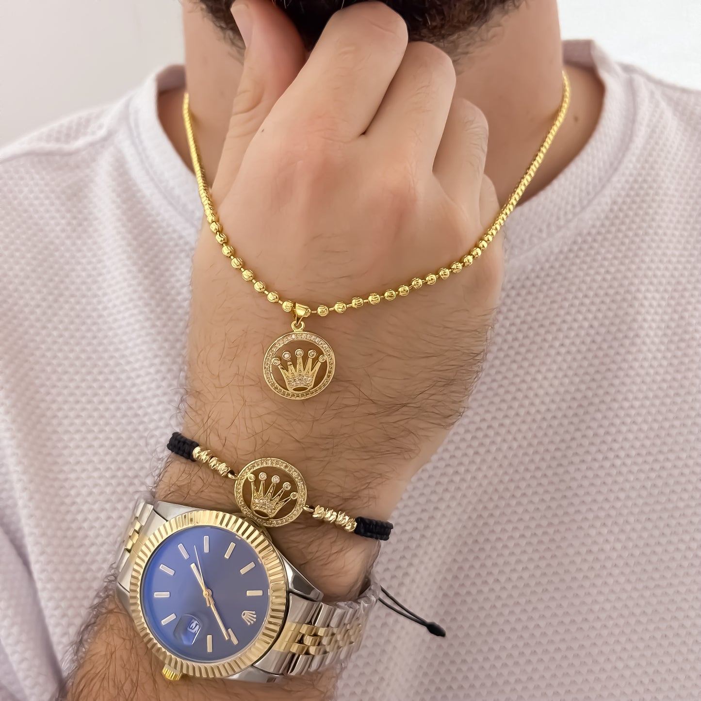 Caadena Tejido Militar de Hombre de 60cm de 3mm + Corona Rolex con Micro Circones + Pulsera Corona Rolex con Micro Circones en Oro Laminado 18k con Garantia de por vida + Reloj Rolex de Alta Calidad 1,1