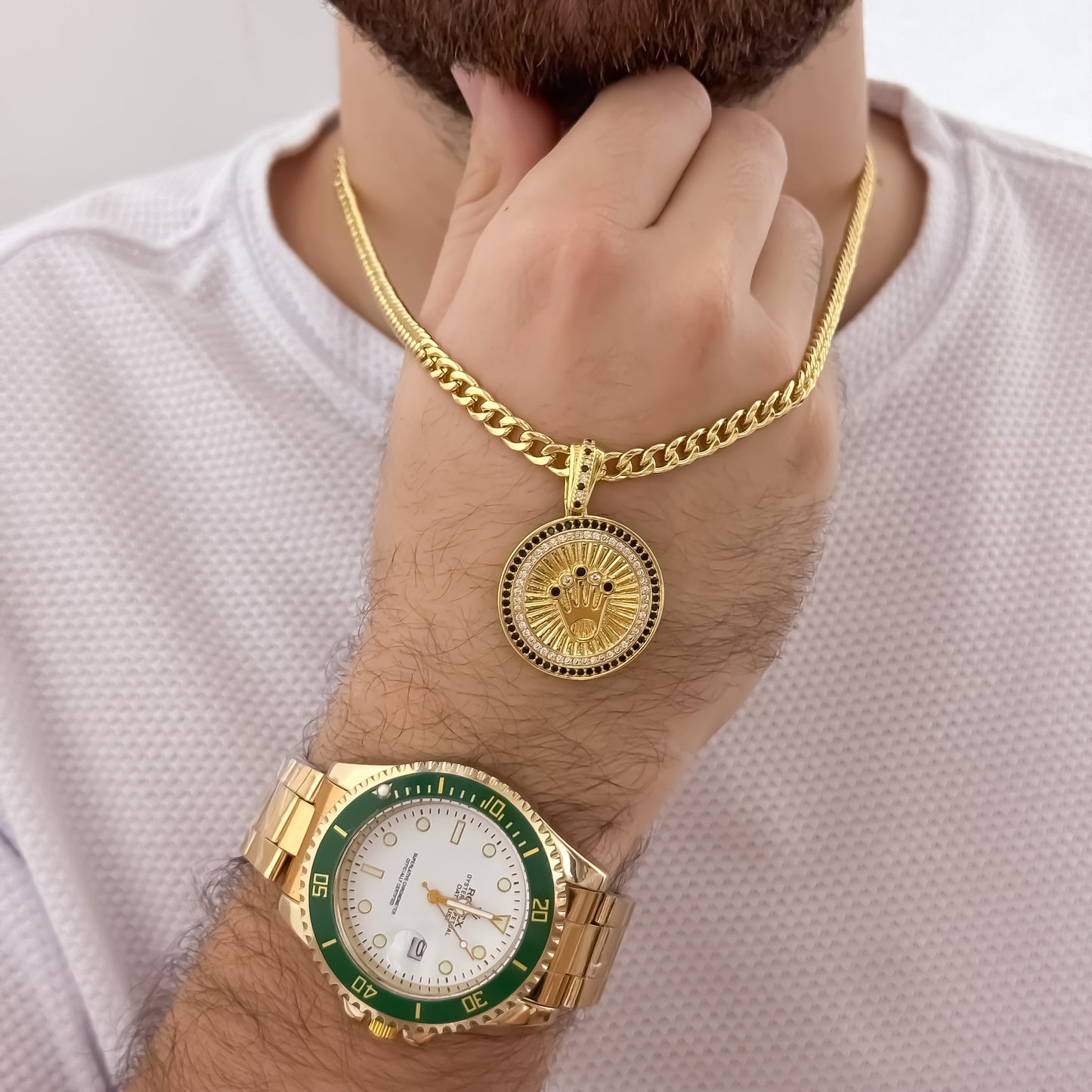 Cadena Tejido Cubana Rustica de Hombre de 60cm de 5mm + Corona Rolex + Reloj Rolex con Micro Circones Negro en Oro Laminado 18k con Garantia de por vida