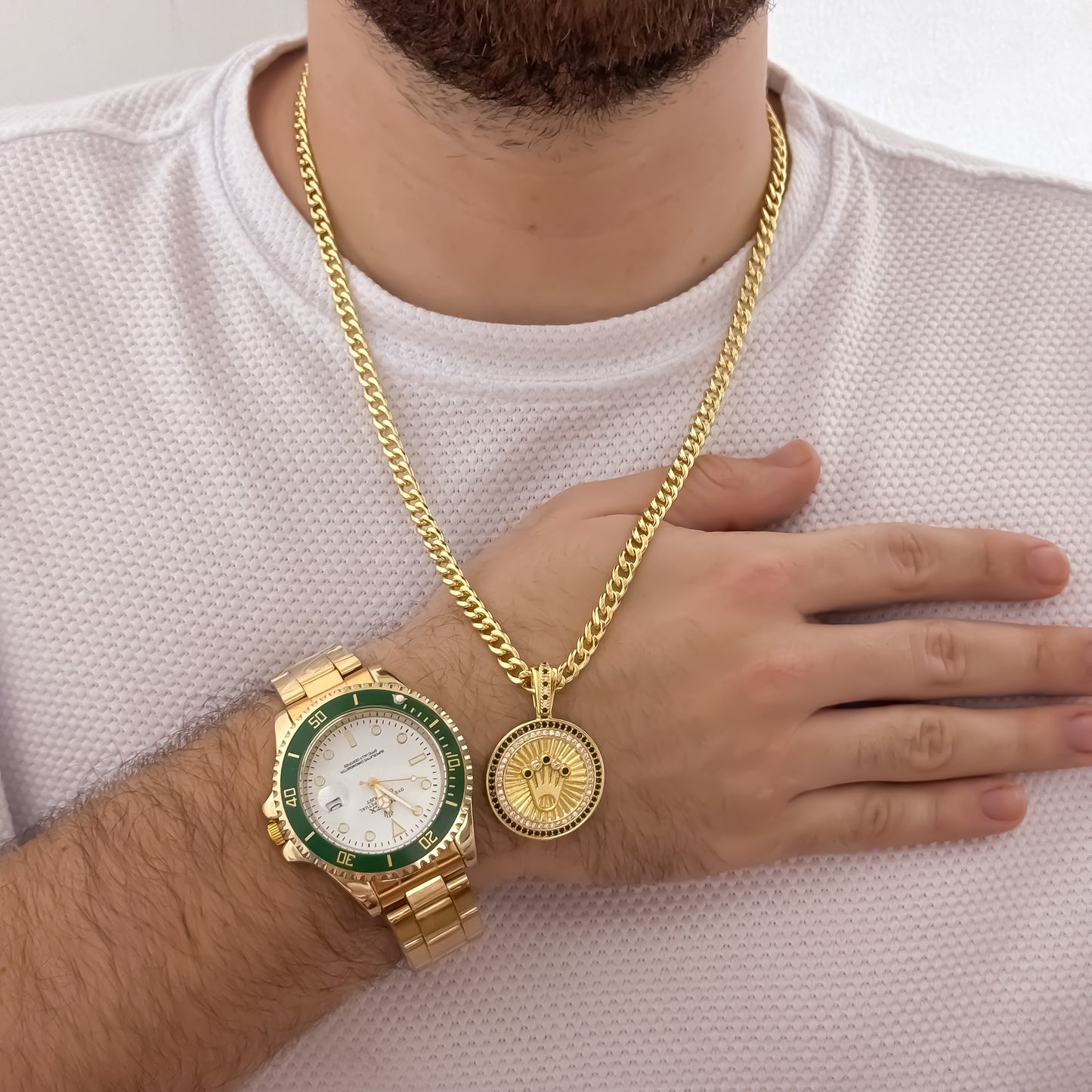 Cadena Tejido Cubana Rustica de Hombre de 60cm de 5mm + Corona Rolex + Reloj Rolex con Micro Circones Negro en Oro Laminado 18k con Garantia de por vida
