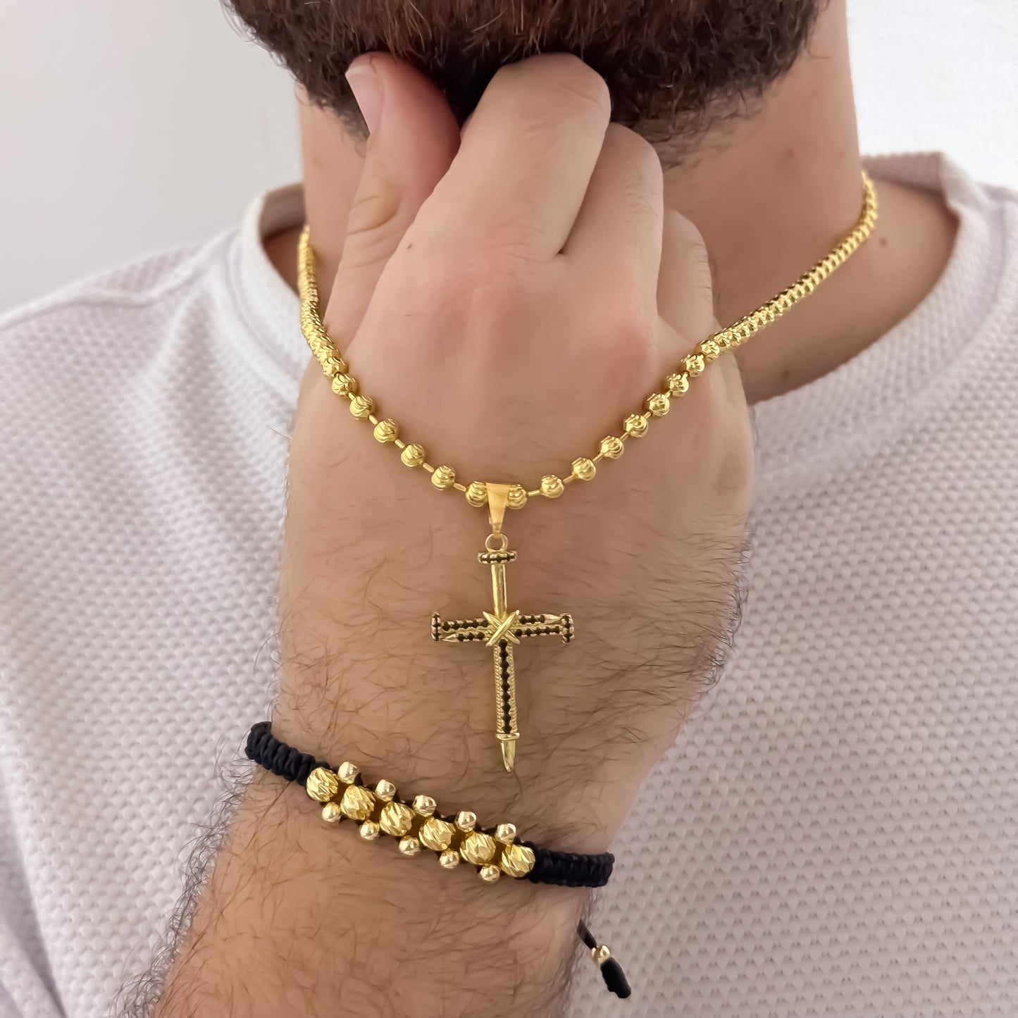 Cadena Militar Diamantada de 60cm de 4mm + Cruz Con Micro Circones Negro + Pulsera Balin Italiano 4MM de 3 Carriles en Oro Laminado 18k con Garantia de por vida