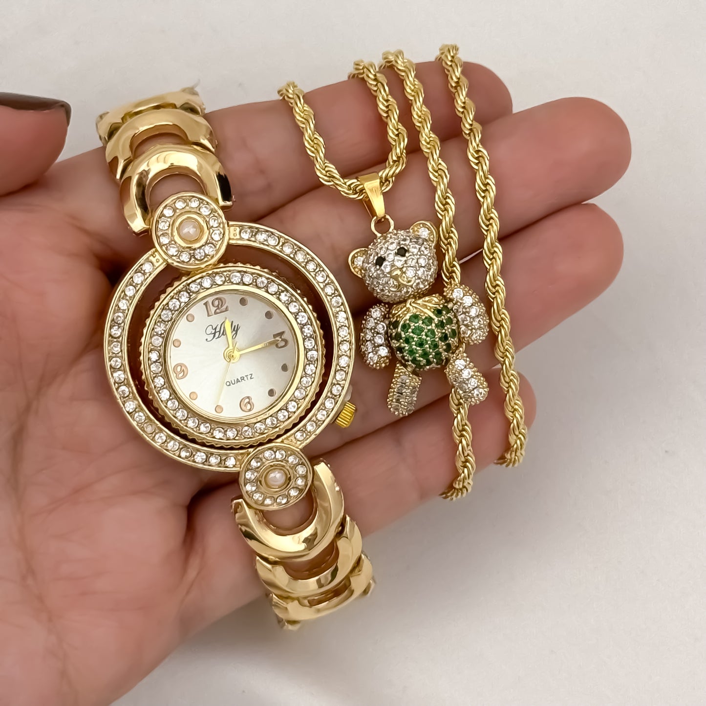 Cadena Lazo de Dama de 45cm de 3mm de Grosor + Oso Articulado con Circones Verde en Oro Laminado 18k con Garantía de por vida + Reloj hilft de Alta Calidad con Micro circones
