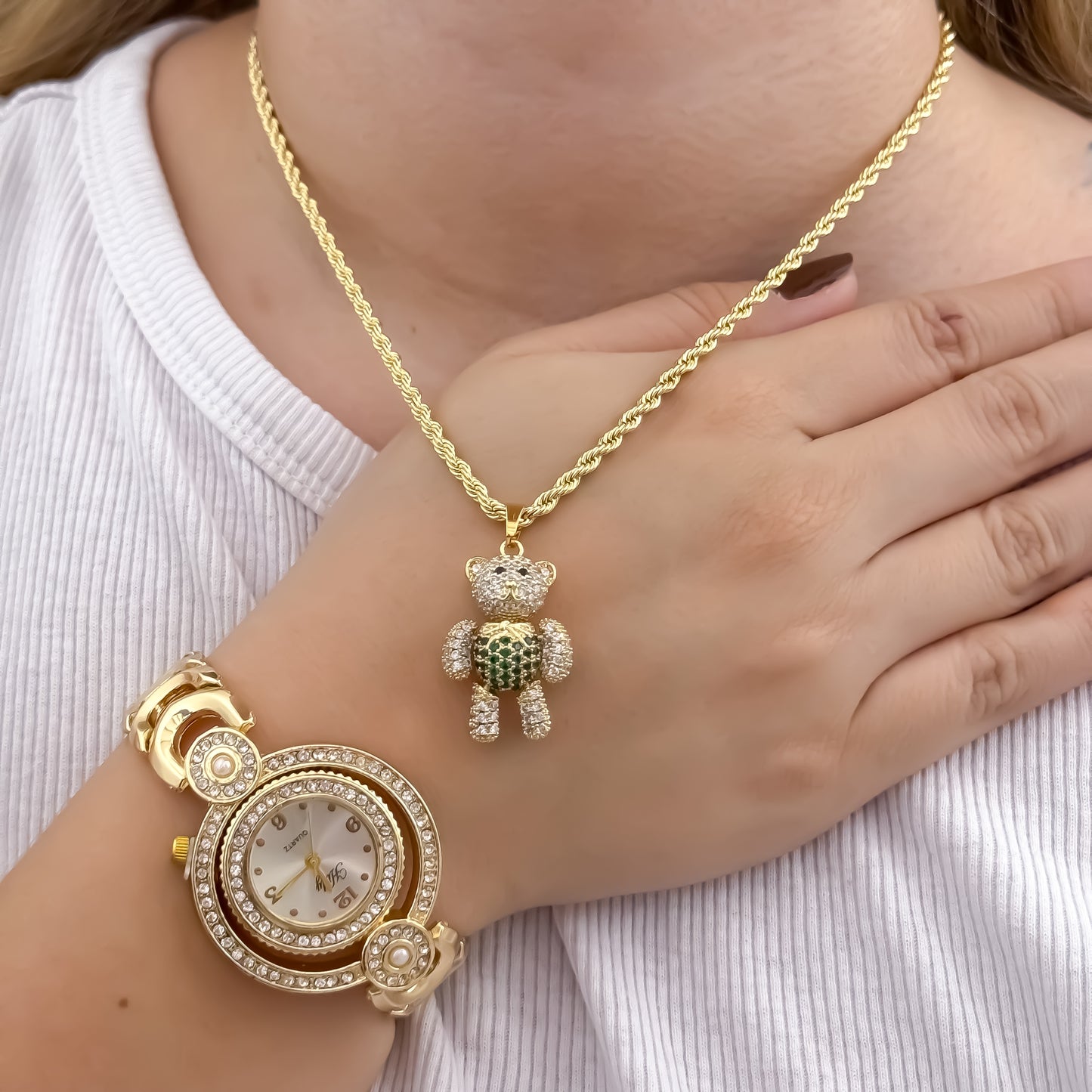 Cadena Lazo de Dama de 45cm de 3mm de Grosor + Oso Articulado con Circones Verde en Oro Laminado 18k con Garantía de por vida + Reloj hilft de Alta Calidad con Micro circones