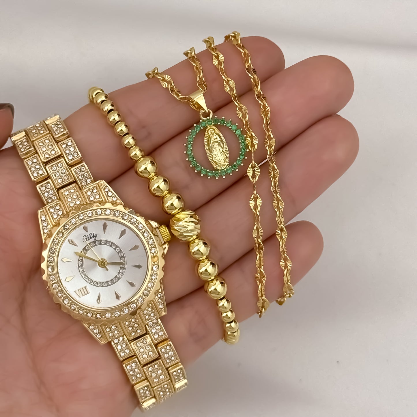 Cadena Tejido Crispeta de Dama de 45cm de 2mm de Grosor + Virgen Guadalupe Verde Esmeralda + Pulsera Full Balines en Oro Laminado 18k + Reloj de Dama con micro circones Hlfert